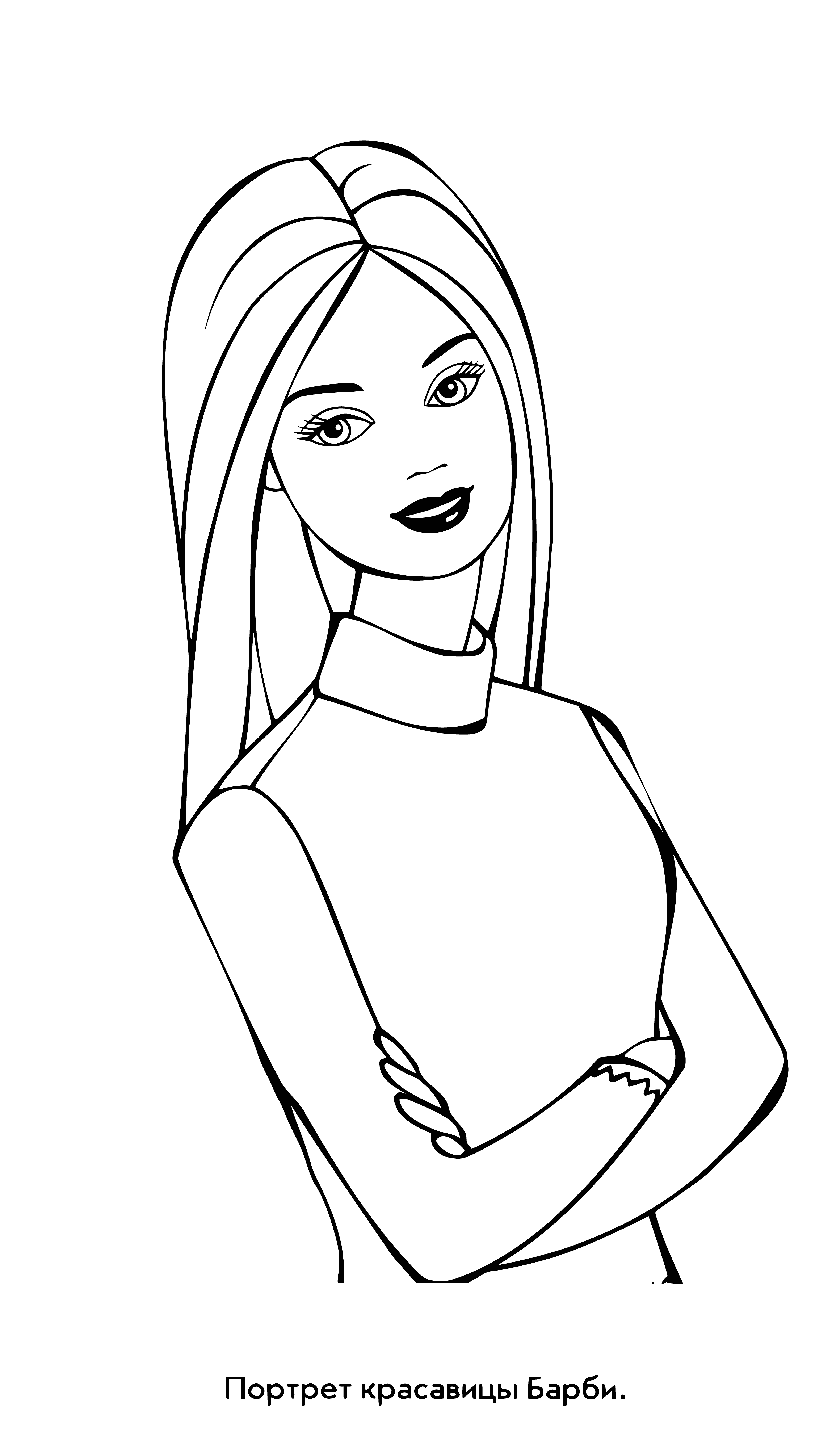 coloring page: Barbie doll in coloring page wears pink dress, heels, has blonde hair and blue eyes.
