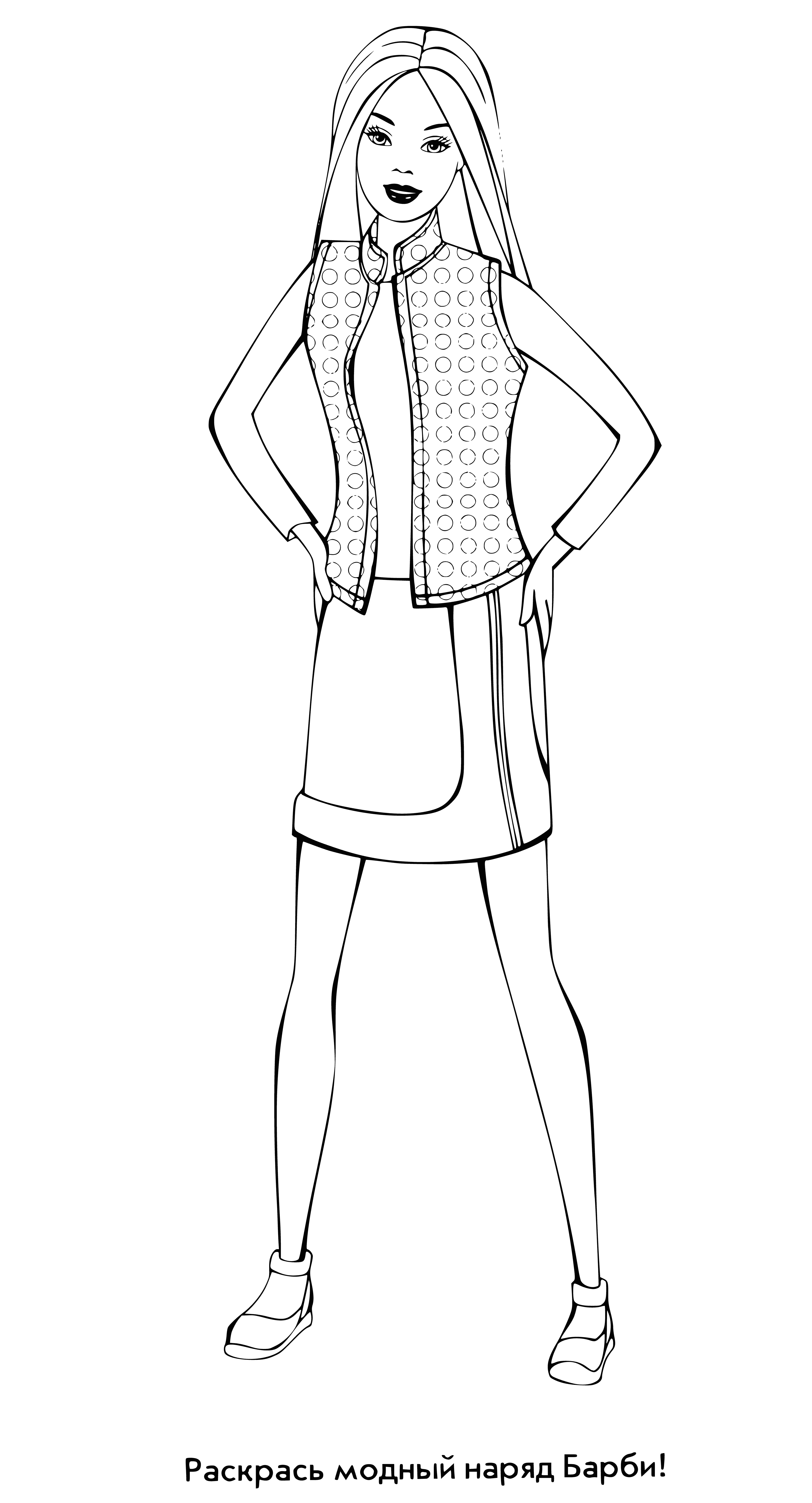 coloring page: Barbie in light blue dress w/ white dots, white collar & blonde ponytail; blue eyes & light blue background.