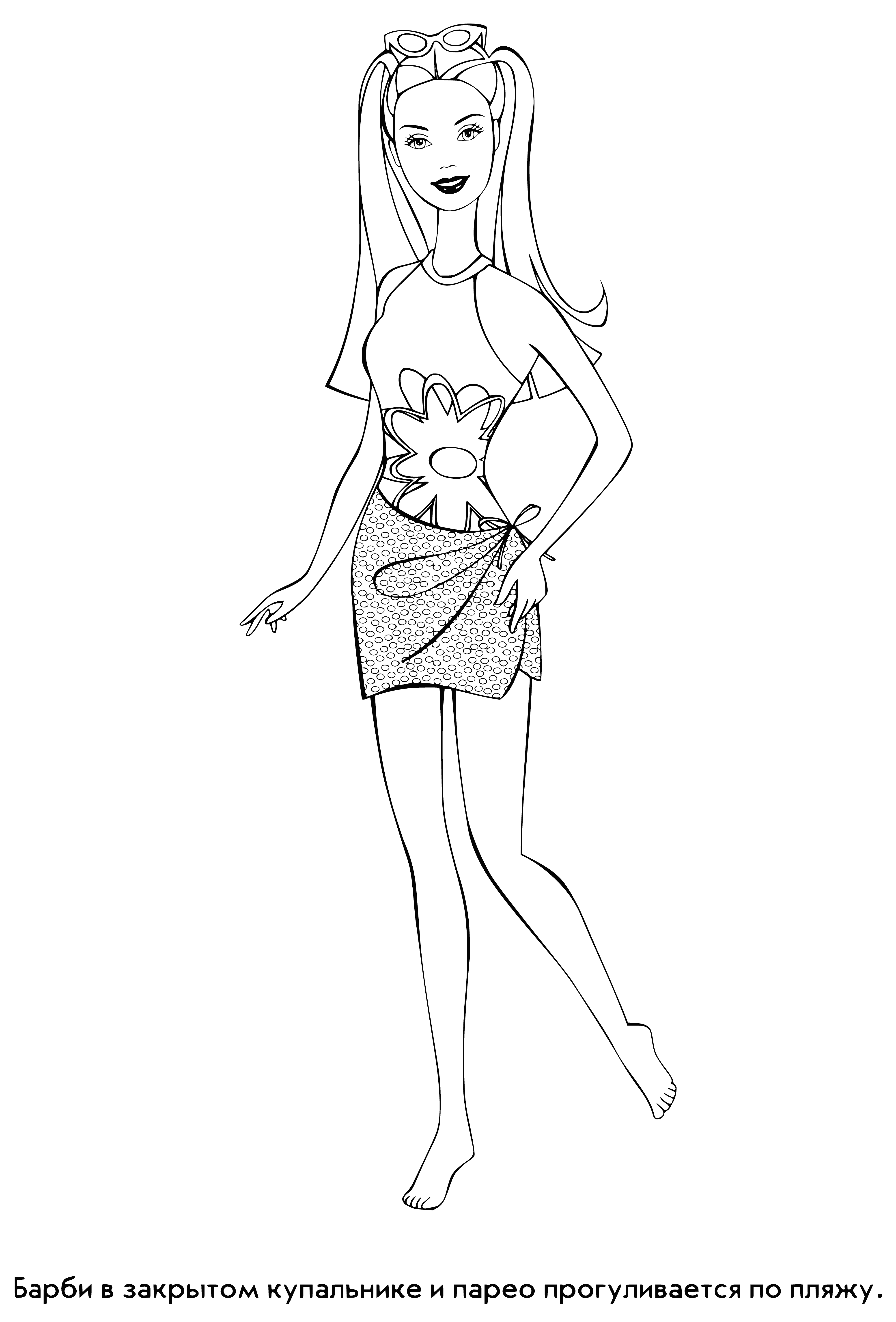 coloring page: Barbie sports a pink dress, side ponytail, pink high heel shoes & small flower earrings in this coloring page.
