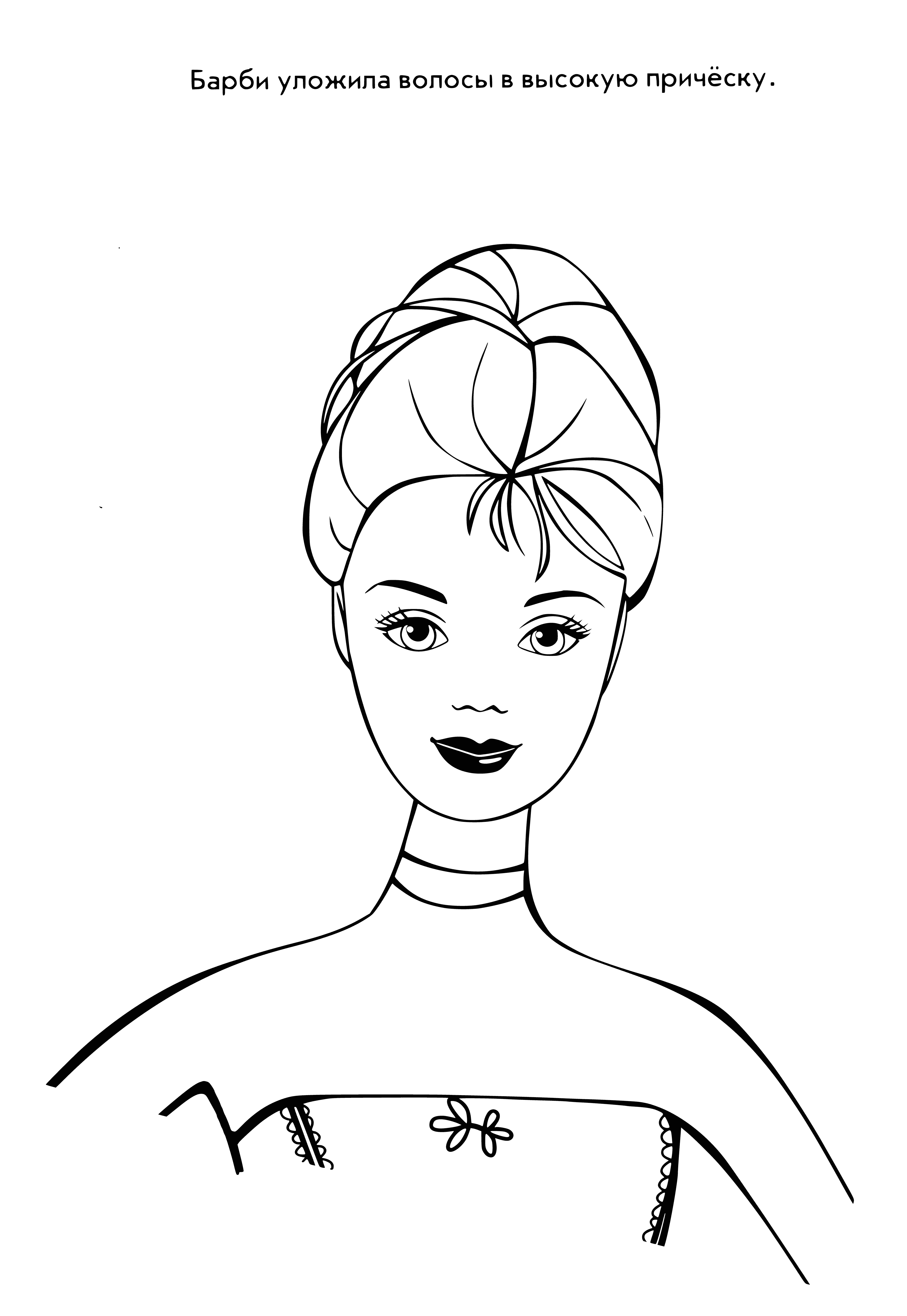coloring page: Blonde woman in pink dress, white gloves & heels, high ponytail, holding matching hot pink purse against white backdrop.