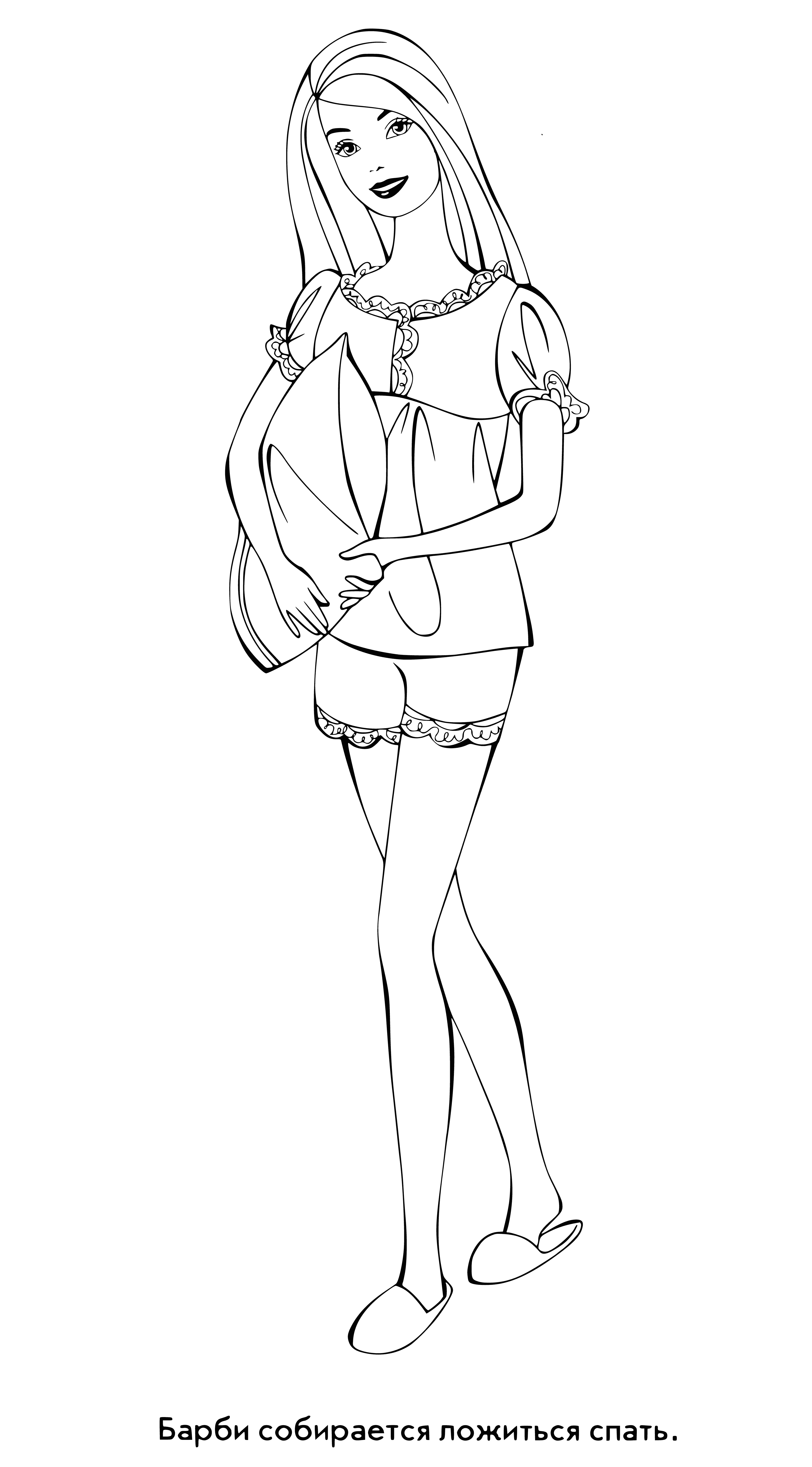 coloring page: Barbie lies in bed wearing a nightgown with a pillow & blanket. Eyes closed, arms at sides.