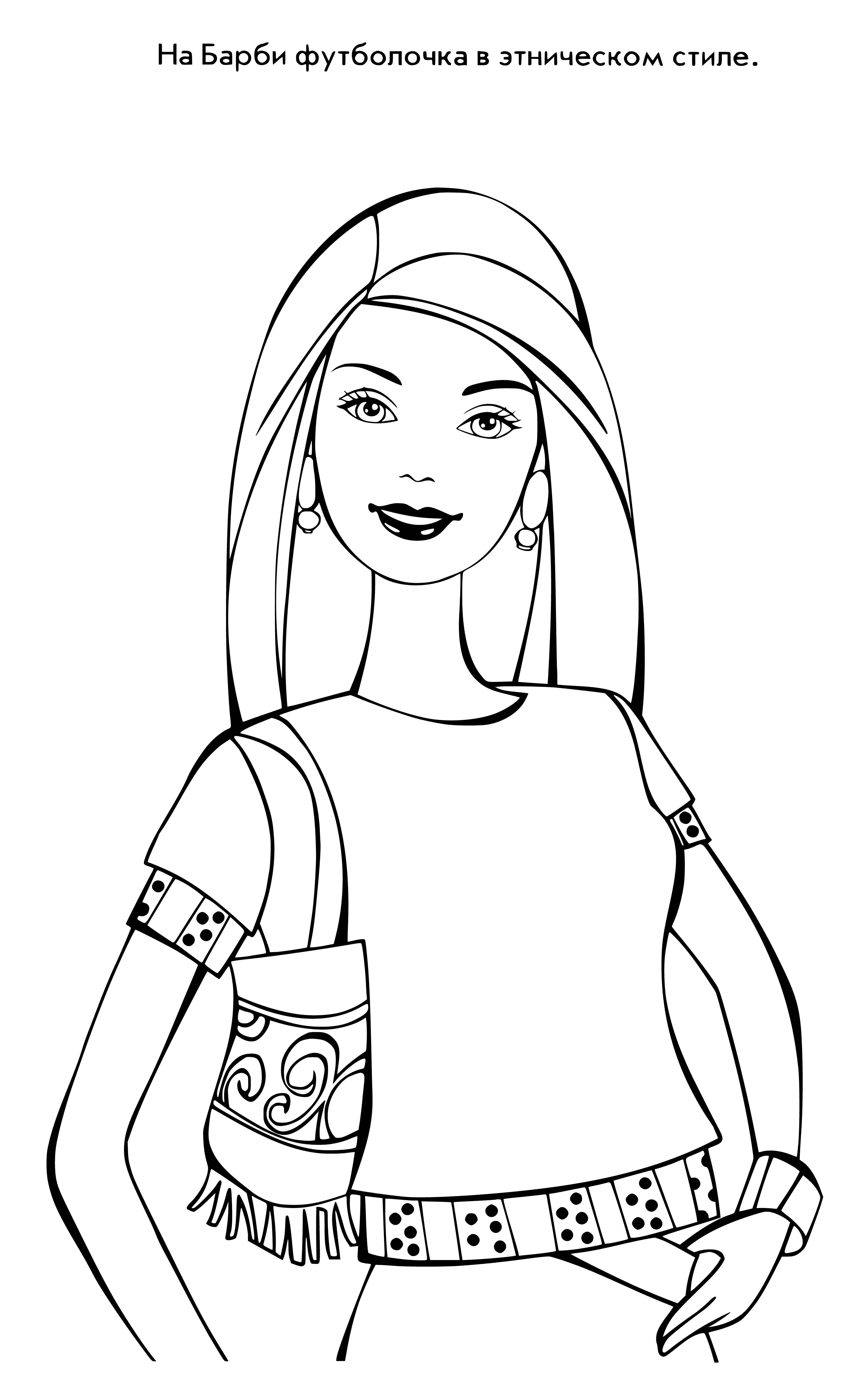 coloring page: Barbie wearing pink dress, black belt/shoes, blonde ponytail, and pink earrings.