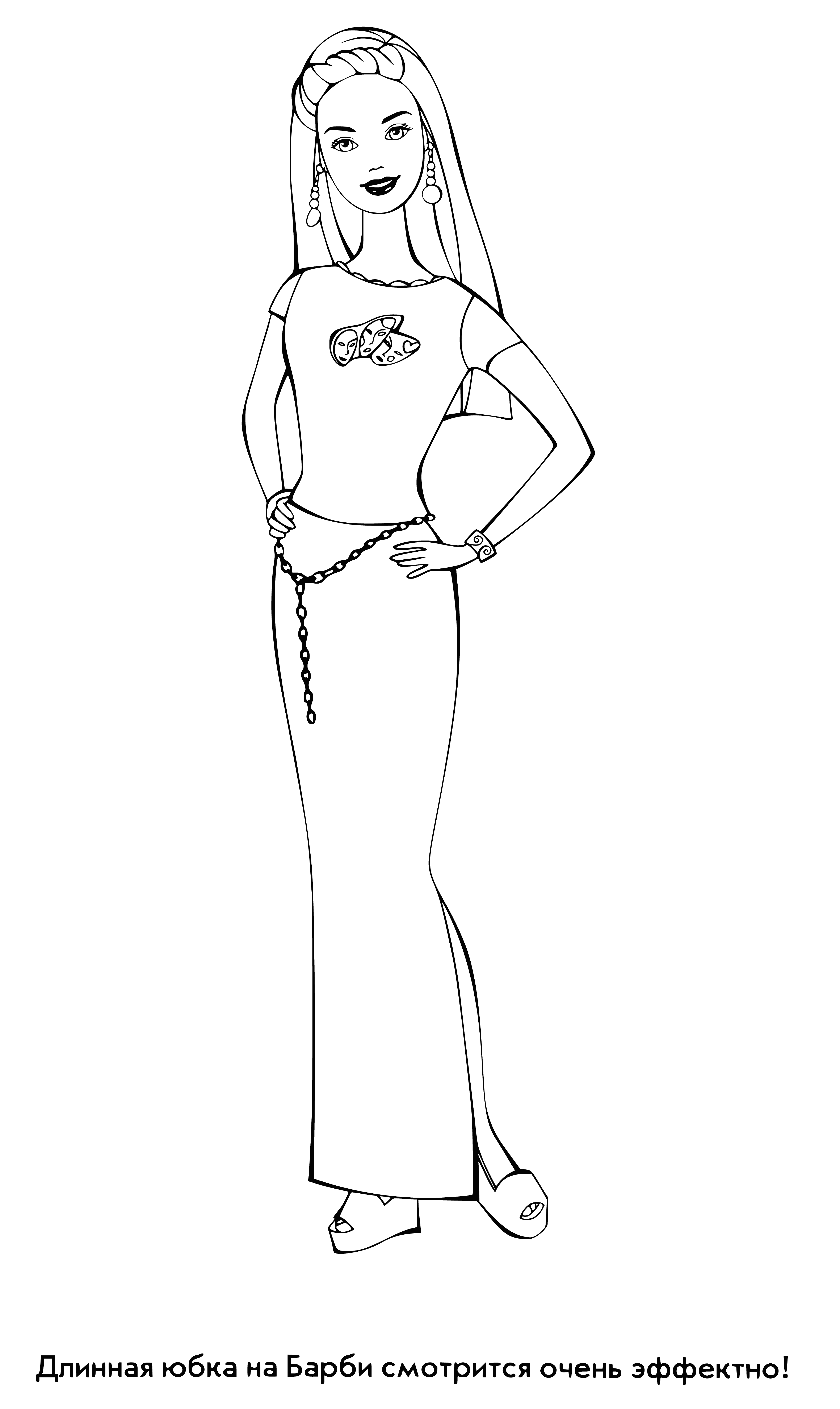 coloring page: Barbie doll has blonde hair and blue eyes, wearing a pink dress and shoes. #coloringpage