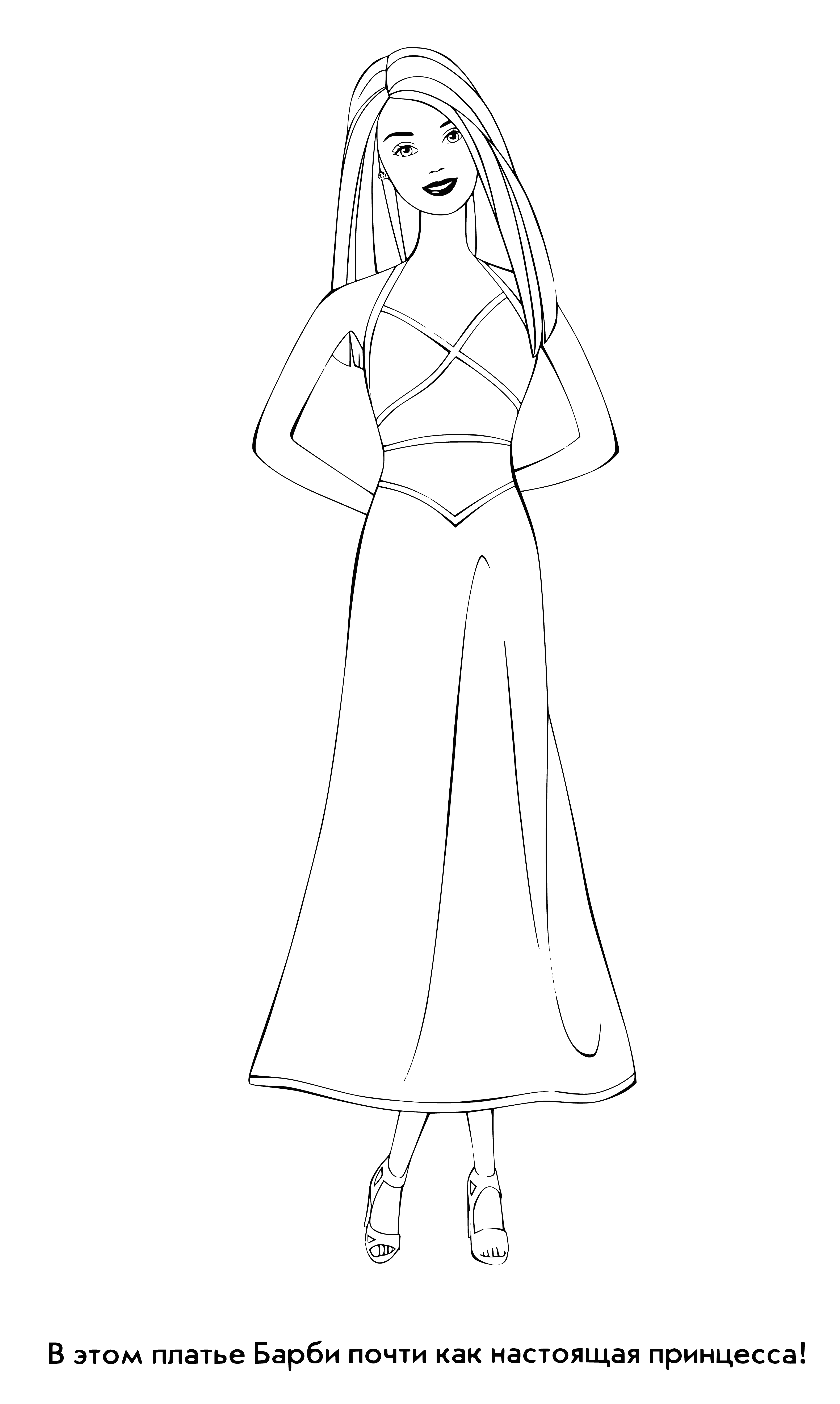 coloring page: Blonde Barbie in pink dress with blue eyes standing in front of green background in coloring page.