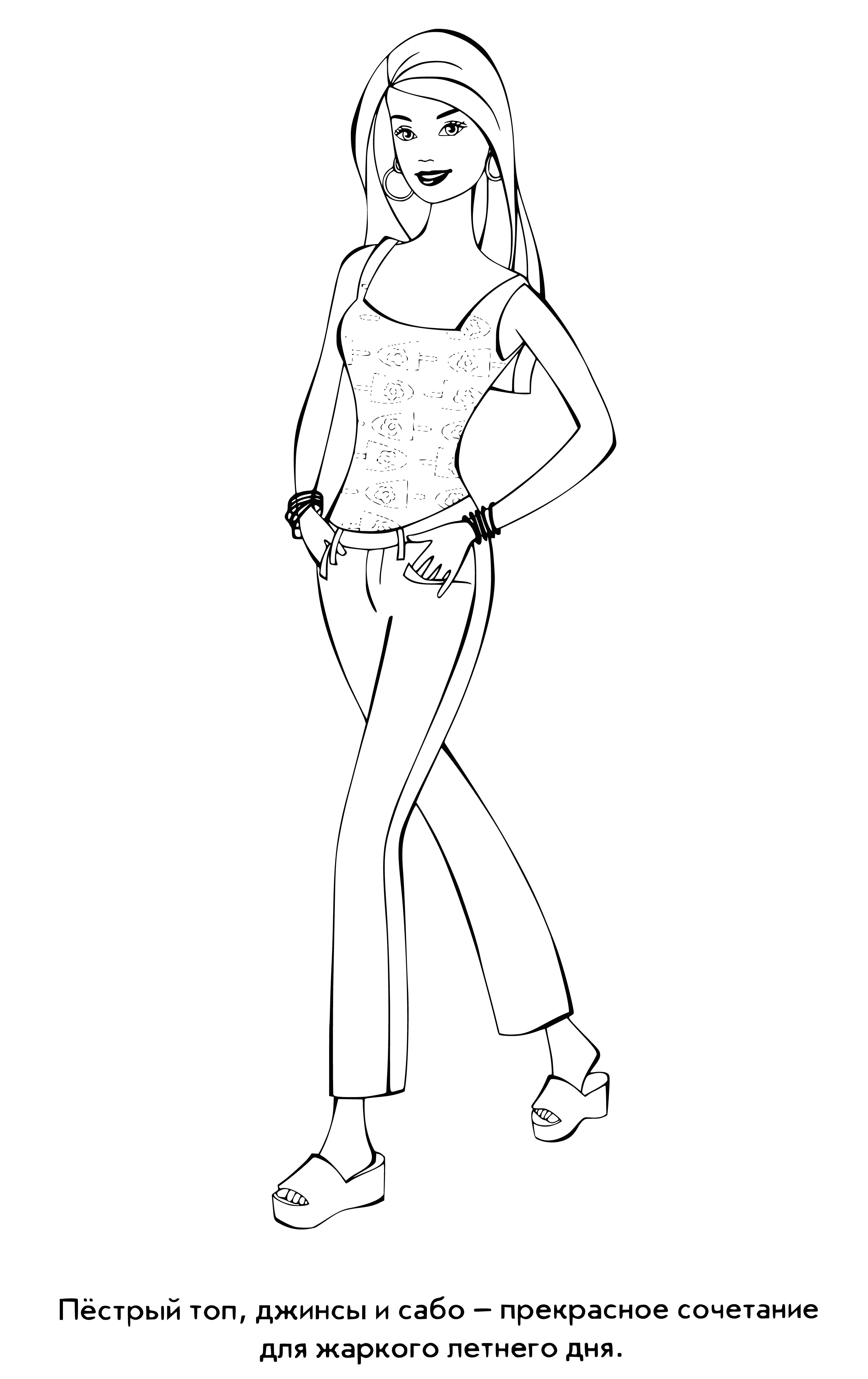 coloring page: Barbie standing in pink dress, black belt & shoes, blonde hair in a ponytail, with a mic in her right hand. #Barbie #coloringPage