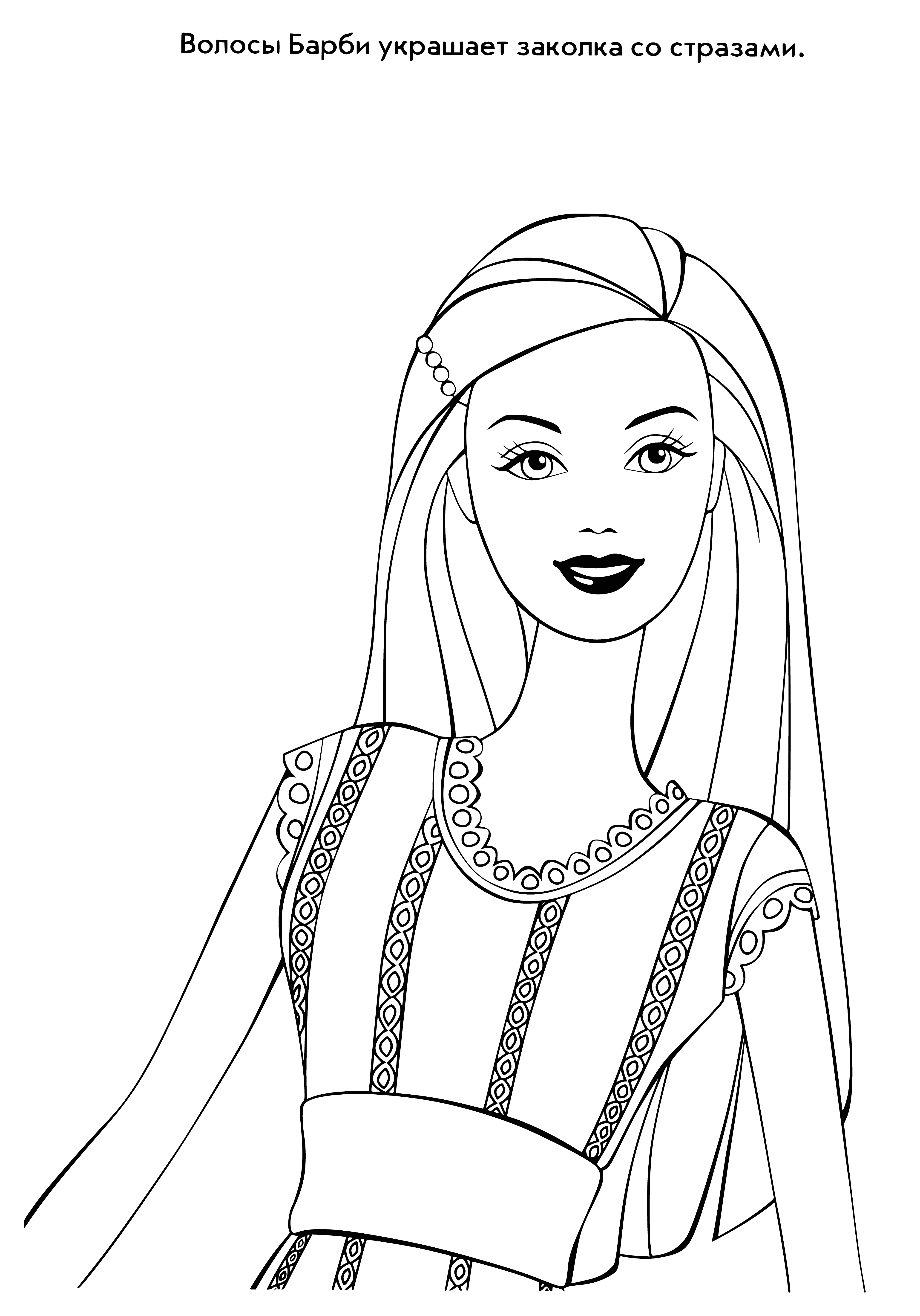 coloring page: Barbie is singing on a pink stage wearing a sparkly pink dress, heels, and a ponytail of blonde hair. #mattel #barbie