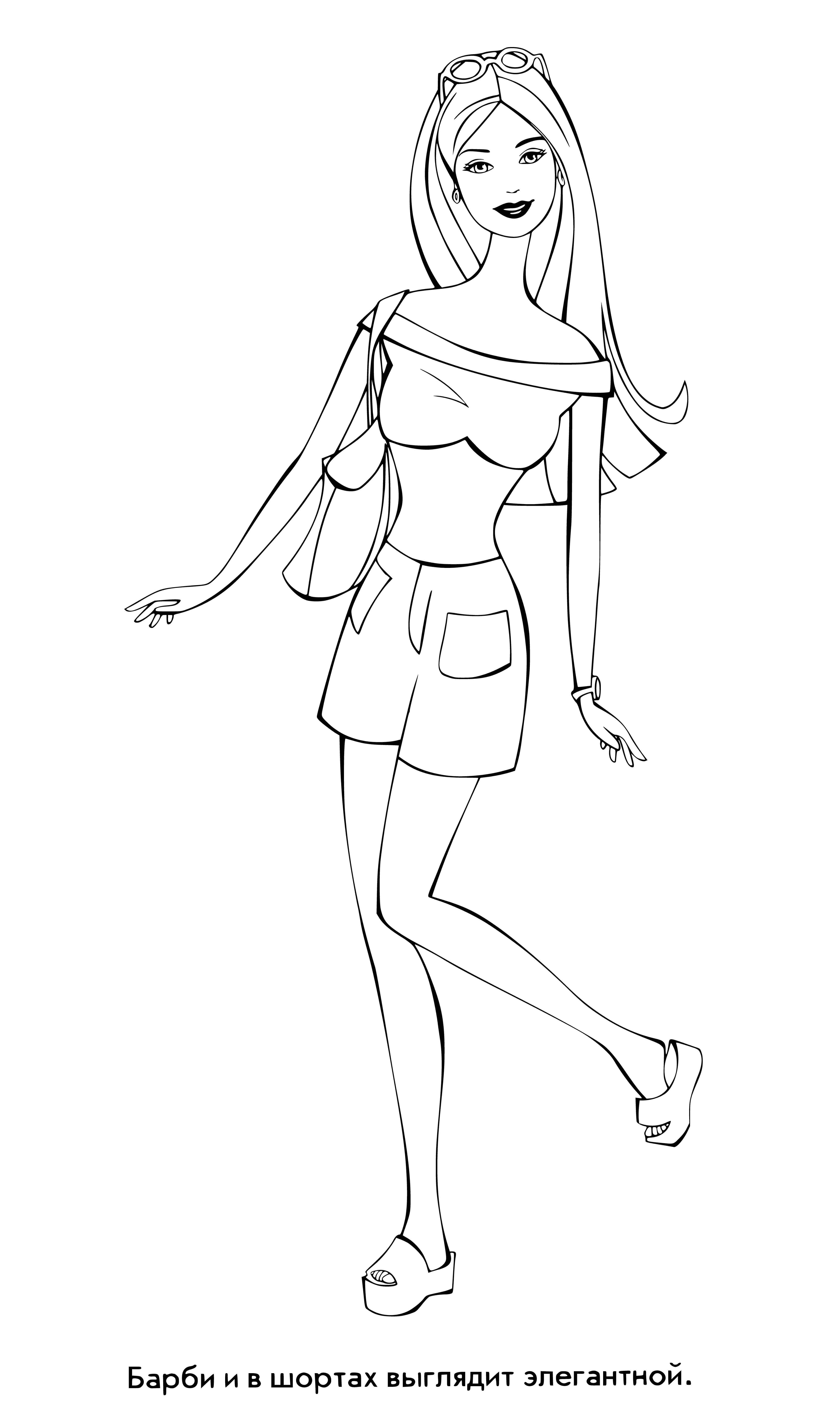 coloring page: Barbie is a doll with long blonde hair, blue eyes and dressed in a pink dress with black belt and shoes.