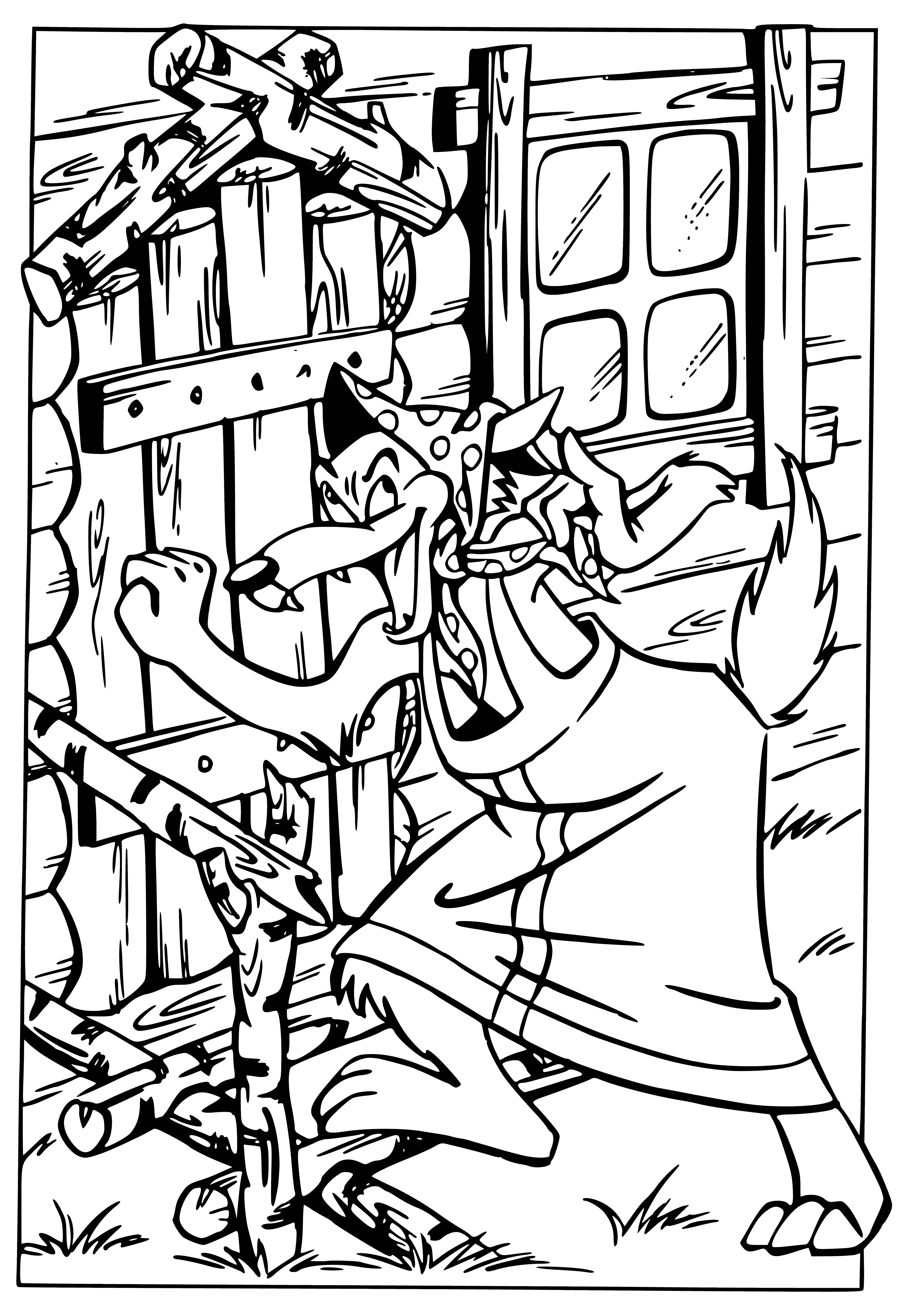 coloring page: Woman in hut holds knife, terrified. Wolf looks at her hungrily; woman trapped and helpless.