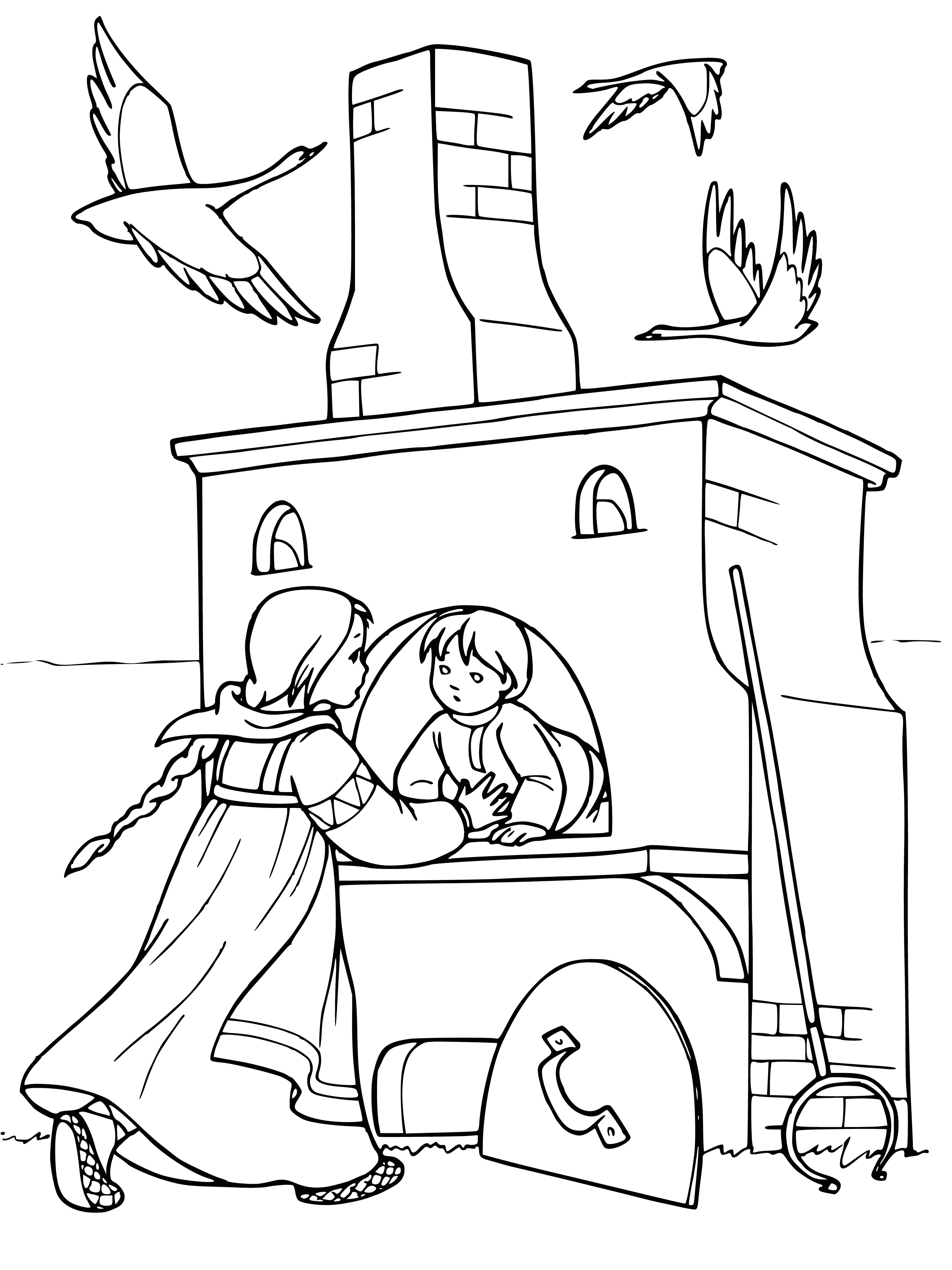 coloring page: Two children hide behind a slightly open stove, a girl in a blue dress & a boy in a brown shirt - the girl has a hand on the boy's shoulder.