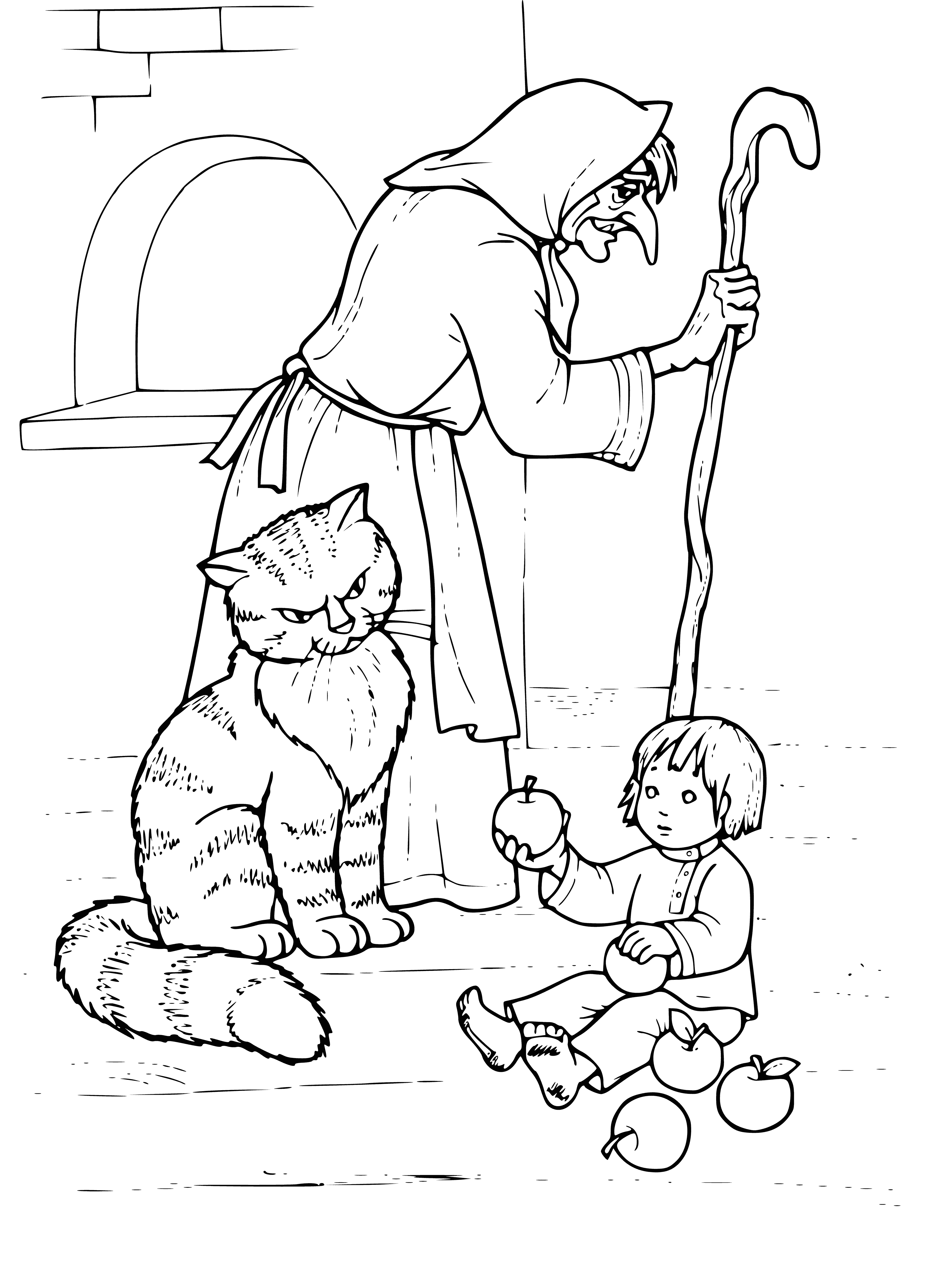 coloring page: Baba Yaga is a popular divine crone in Russian folklore; her hut made of human bones and surrounded by a fence of skulls are symbolic of her power to help or harm.