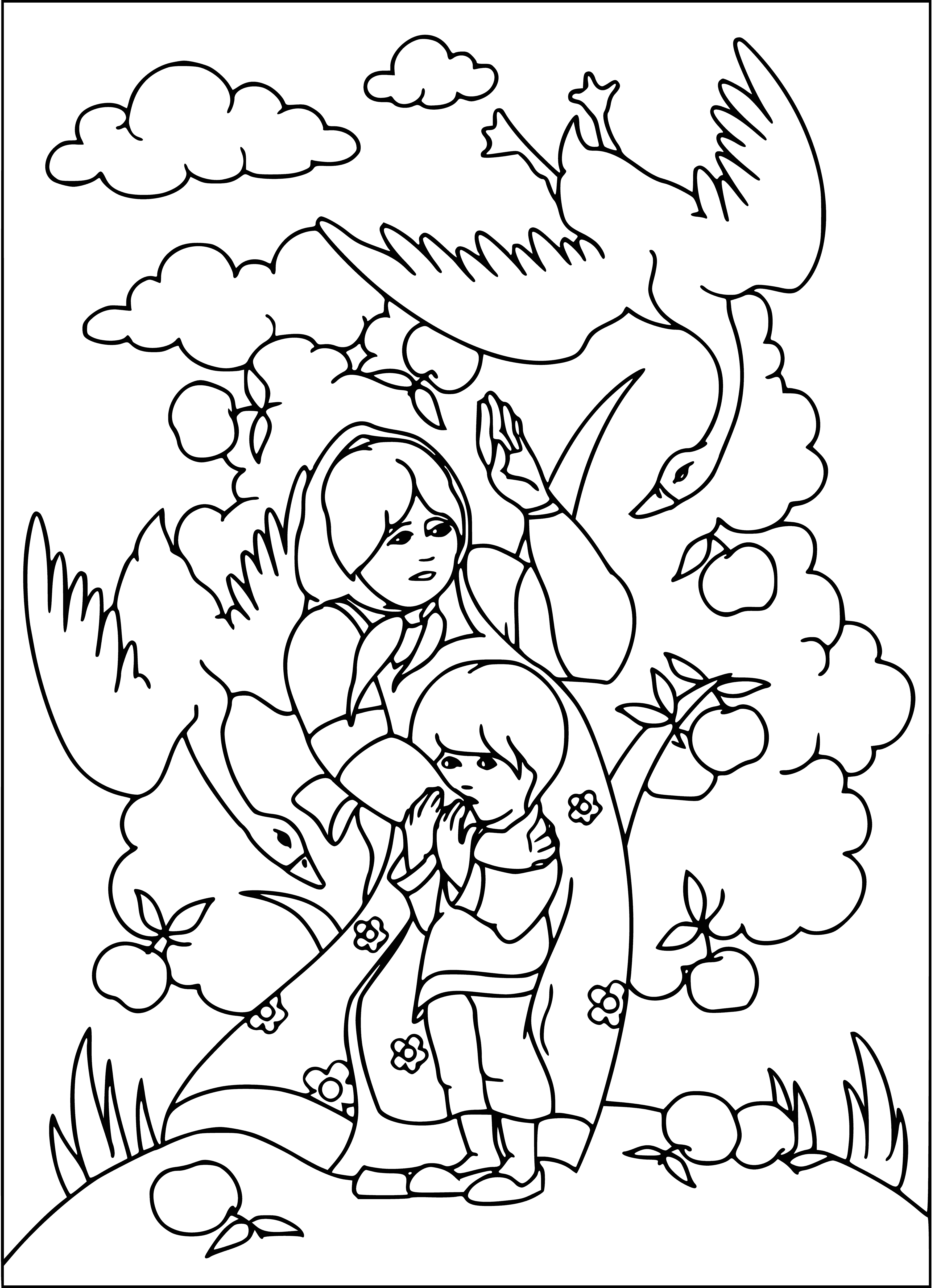 coloring page: Kids found refuge from the sun under an apple tree, playing & laughing. It gave them a place to escape the heat of the day.