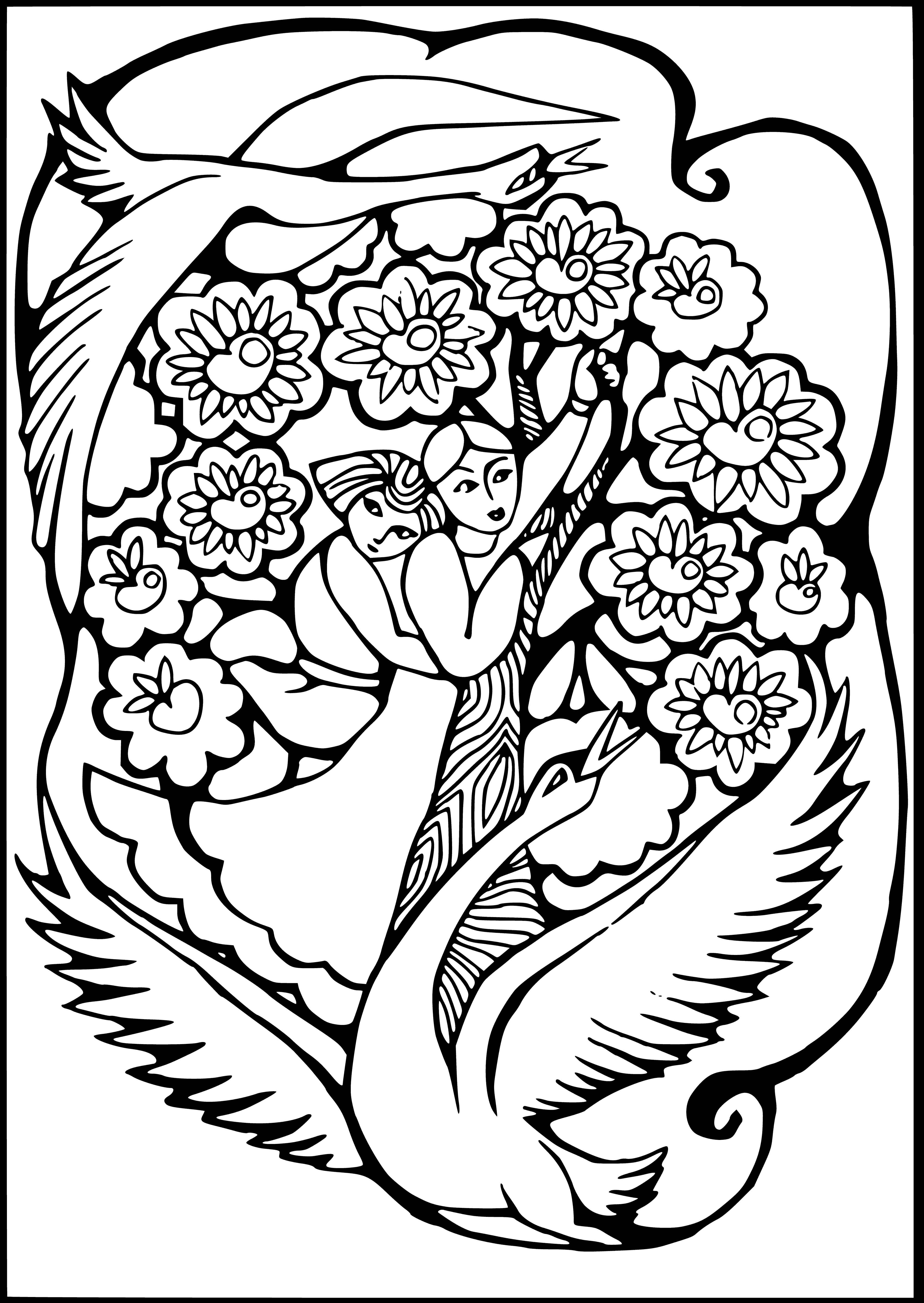 coloring page: Kids climb an apple tree and are held up by it, laughing happily in a beautiful green field, with a blue sky above.