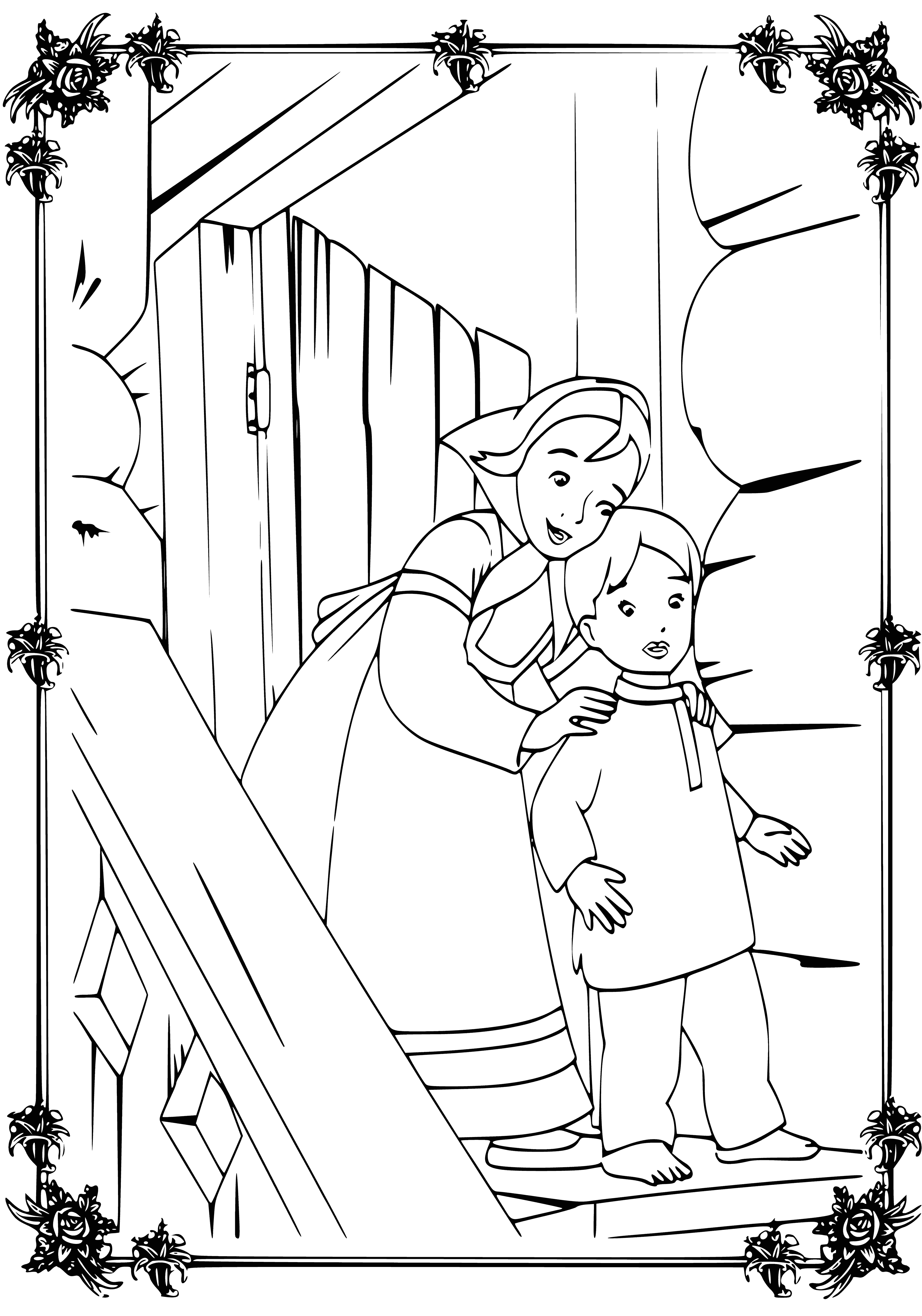 coloring page: Brother comforts sister, love and concern evident, as a dark forest looks on. #familylove