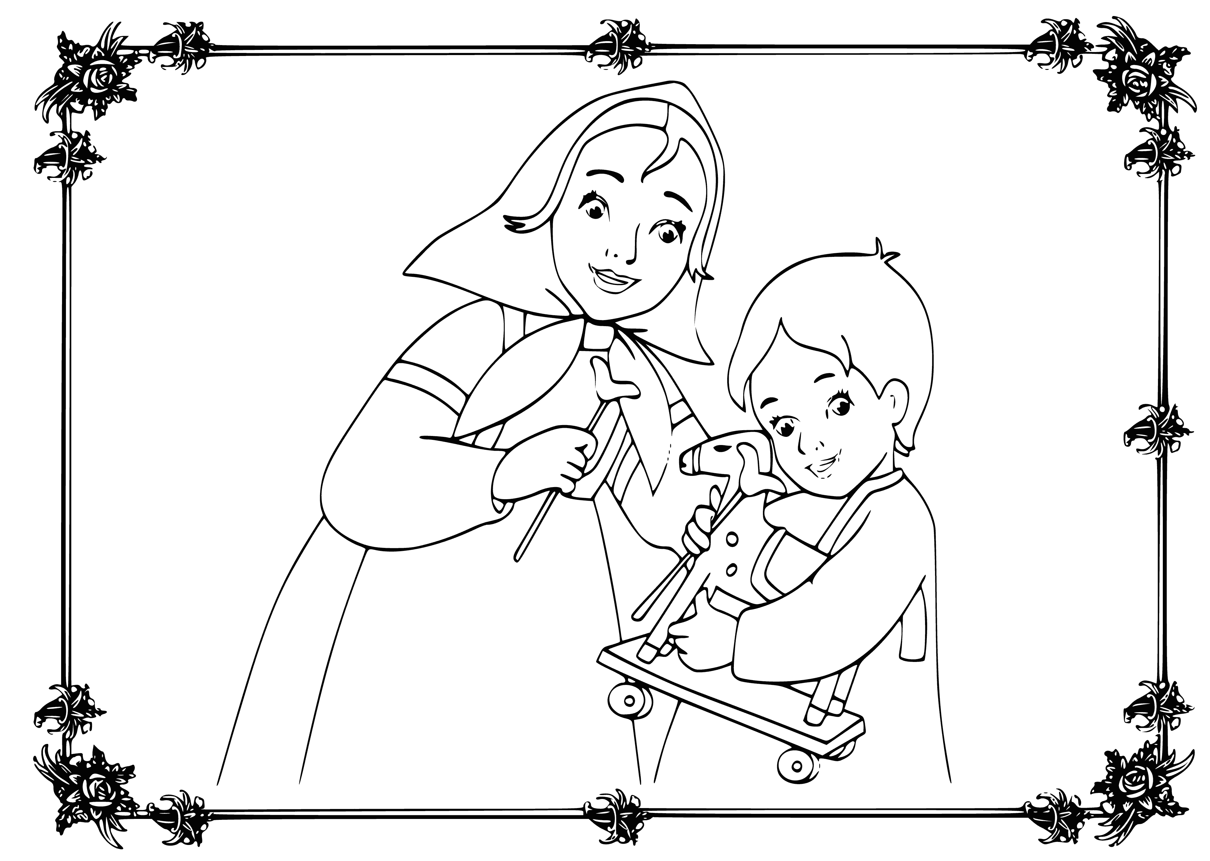 coloring page: Brother & sister walking in forest: brother kills deer, sister collects blood in cup. Brother turns to stone statue. Sister's tears turn him back human.