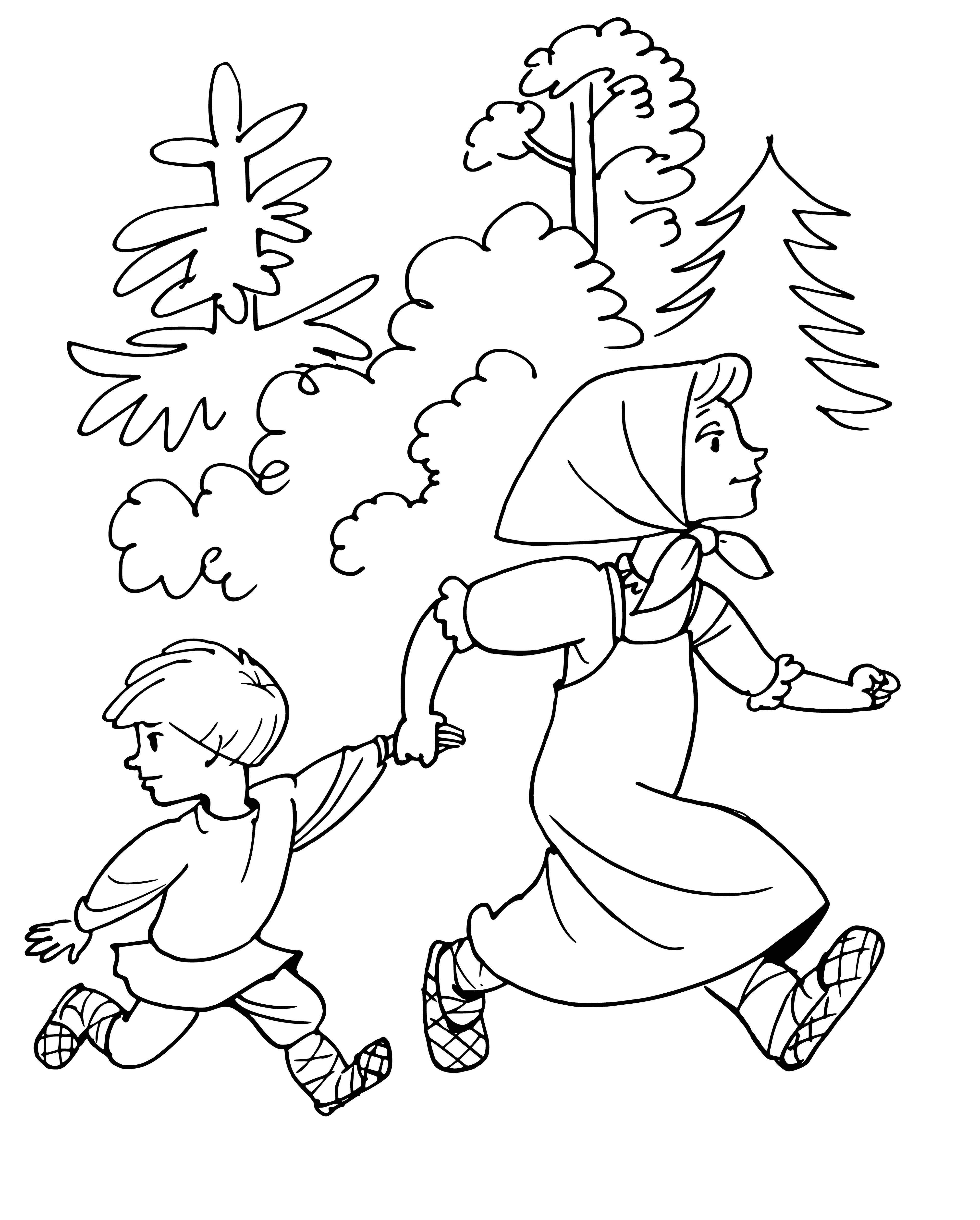 coloring page: Young boy weak on ground; sister looks concerned, holds water bowl, about to pour on brother.