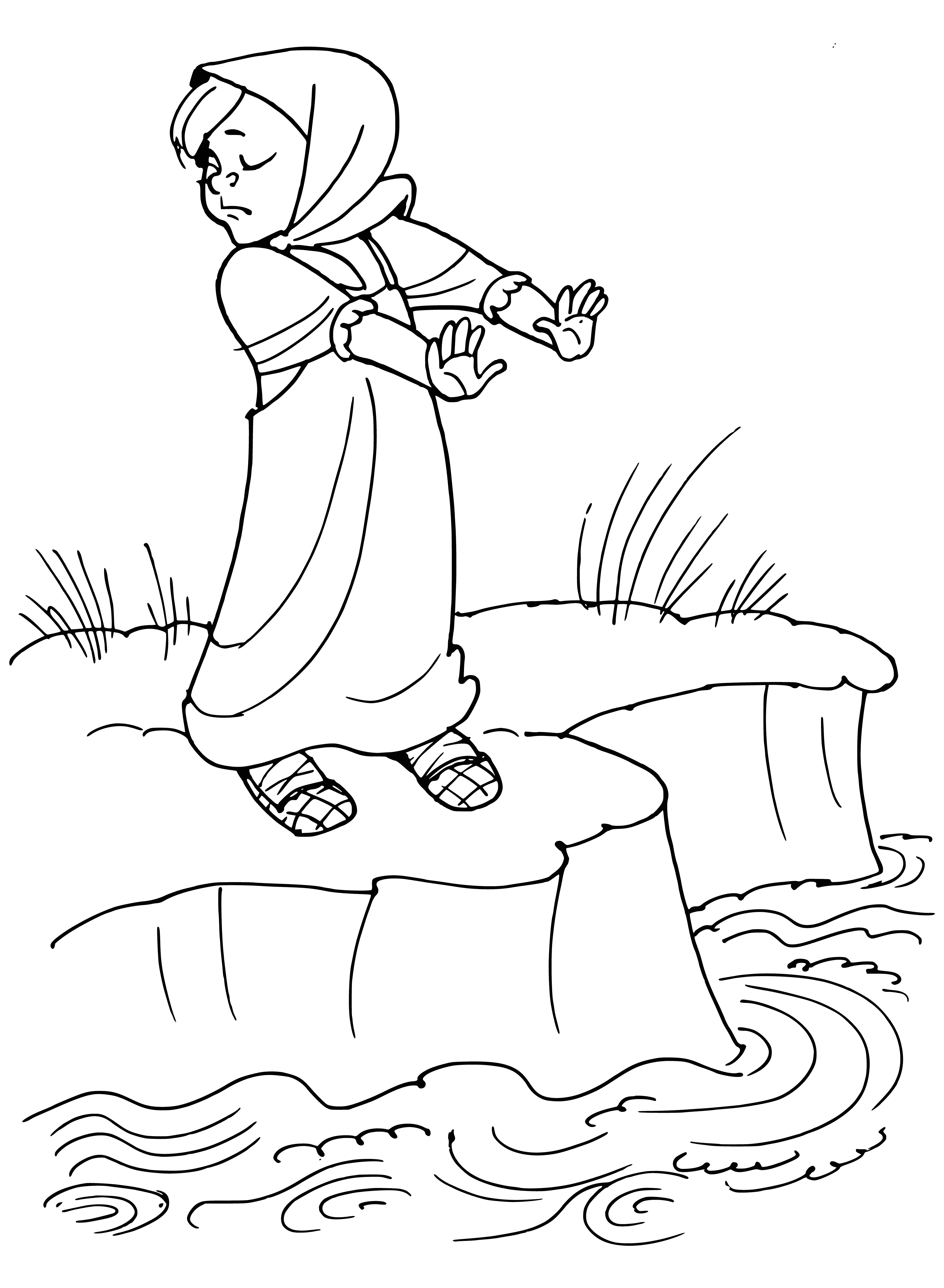 coloring page: Couple in boat on milky river with mountains and forest in background; woman holds a baby.