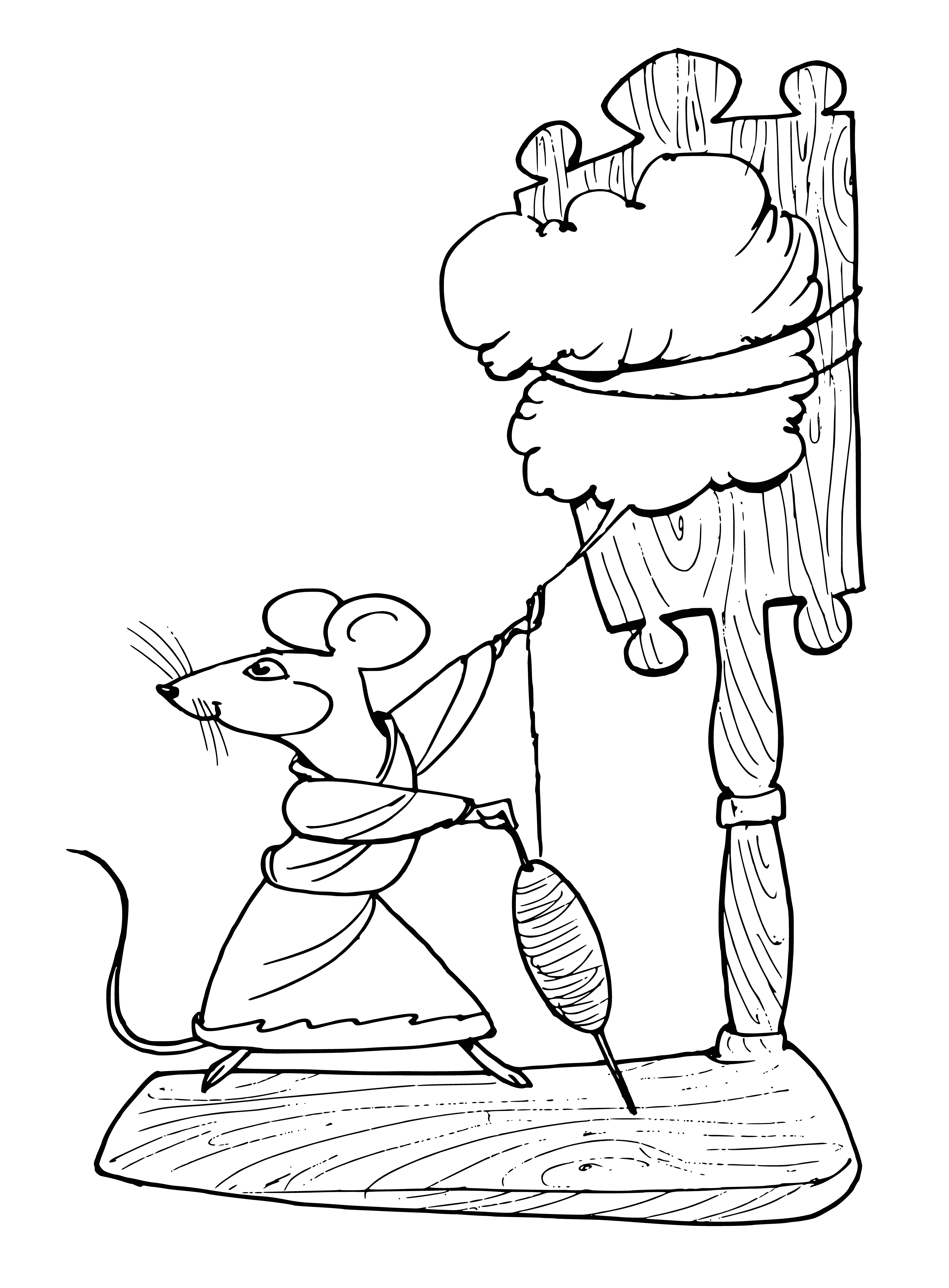coloring page: A small mouse with a long brown & white-bellied tail sits on a log in the forest in this folk tale coloring page.