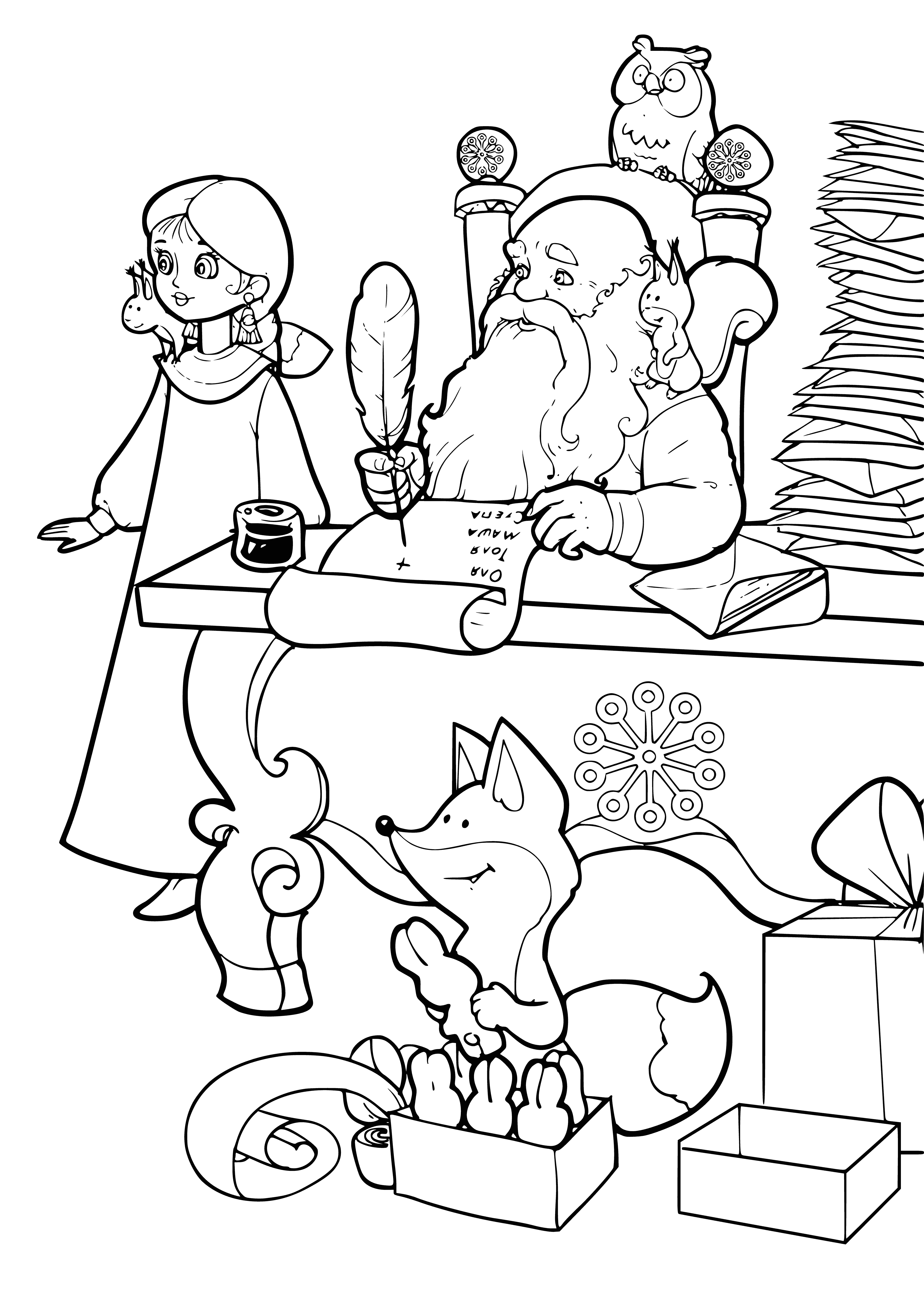 Le Père Noël et la fille démontent les lettres dans le bureau du Nouvel An