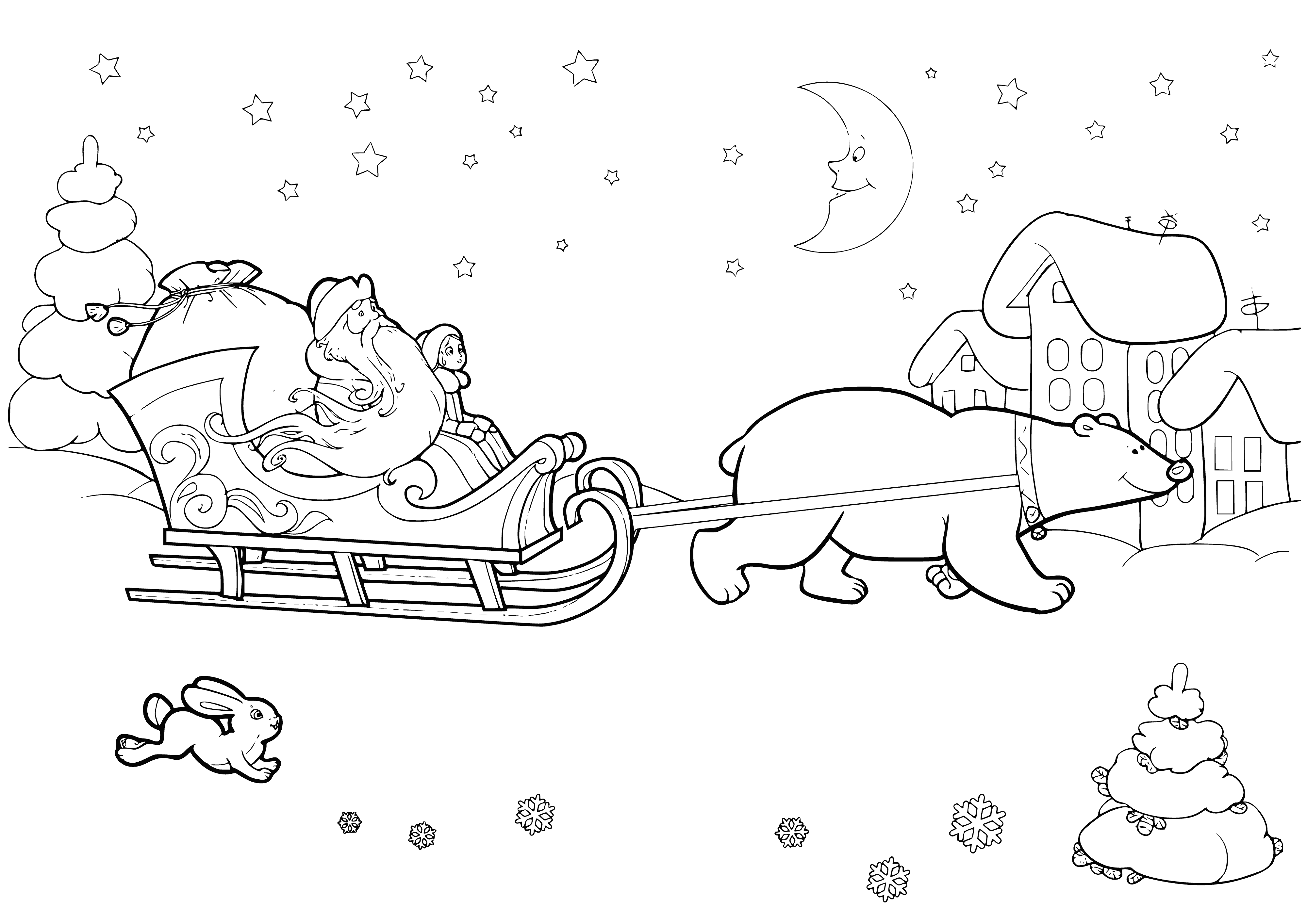 Santa Claus et Snow Maiden dans un traîneau qui attire un ours et un lapin blanc sur le fond d'un paysage hivernal