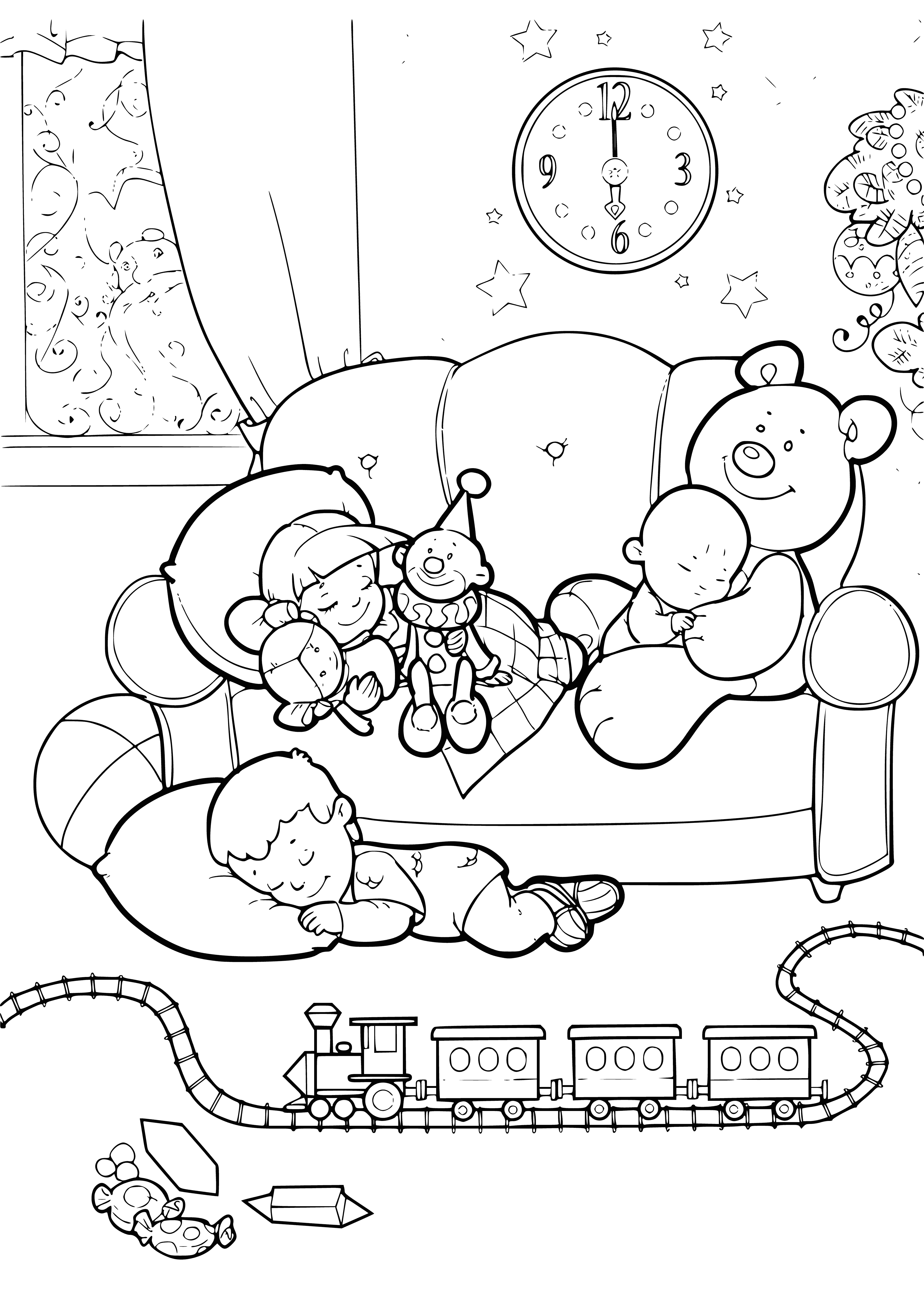 Children and toys on the couch during New Year's Eve
