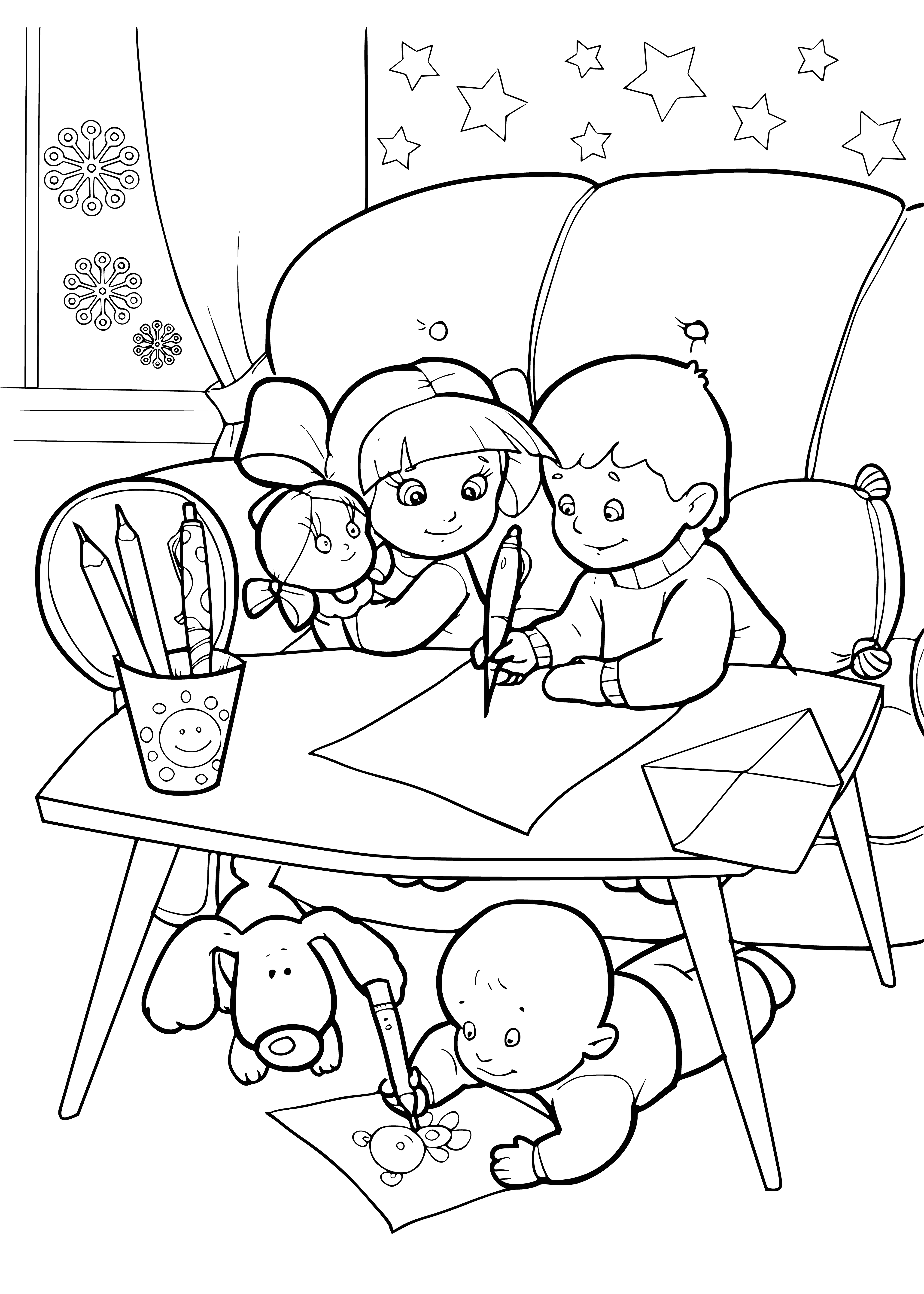Children at the table draw and write a letter to Santa Claus