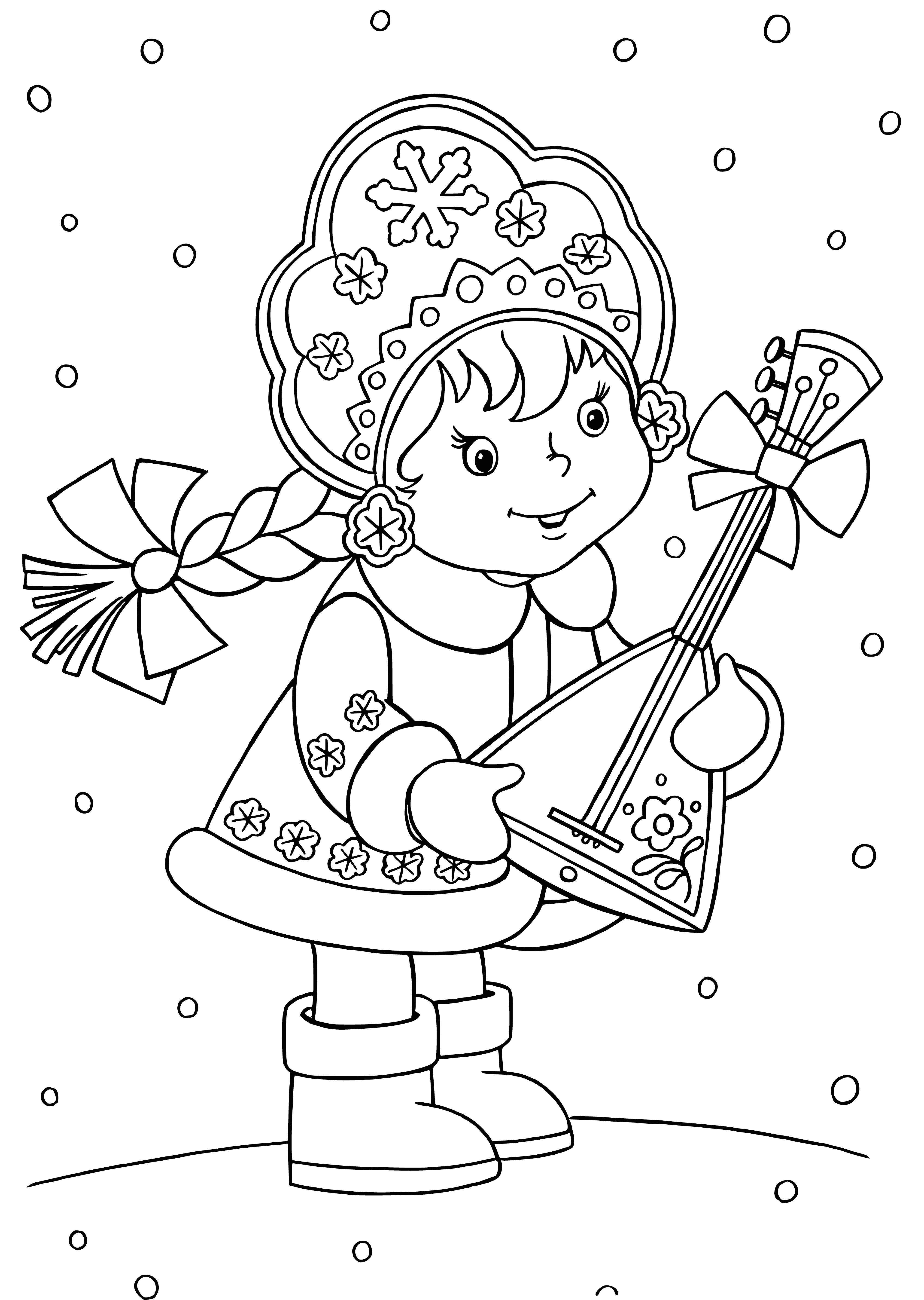 Bild des Snow Maiden mit balalaika vor dem Hintergrund des Schneefalls