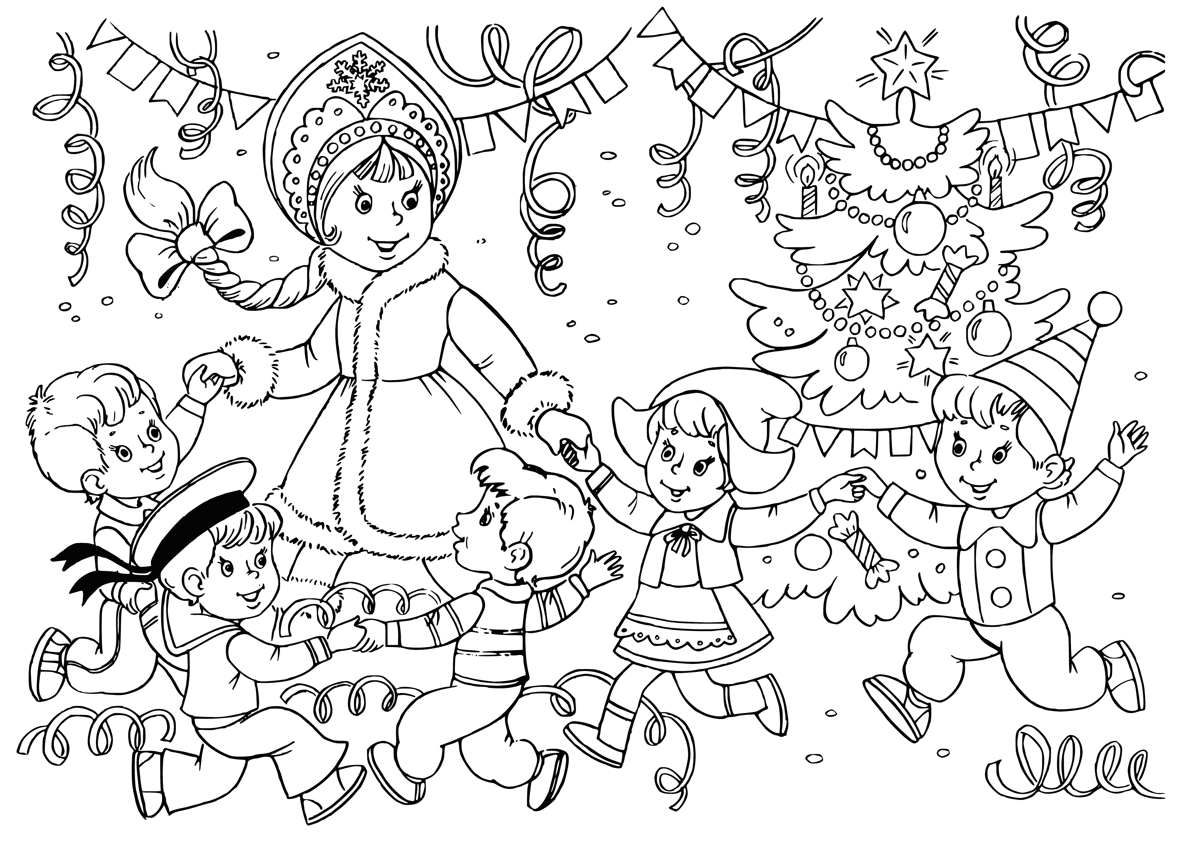 Yeni Yıldaki çocuklar Noel ağacı ve kar Maiden
