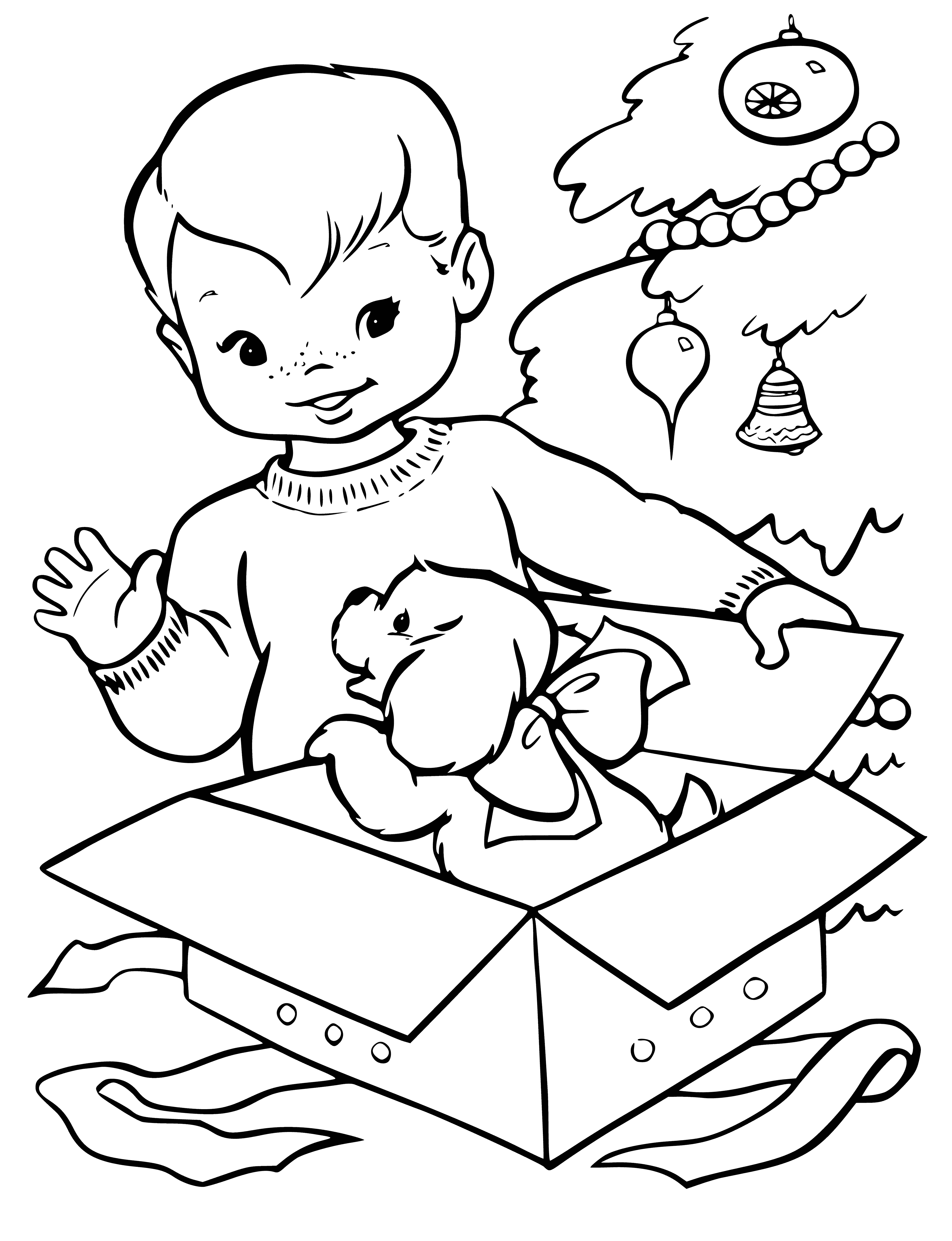 Colorir: um menino com um brinquedo pela árvore