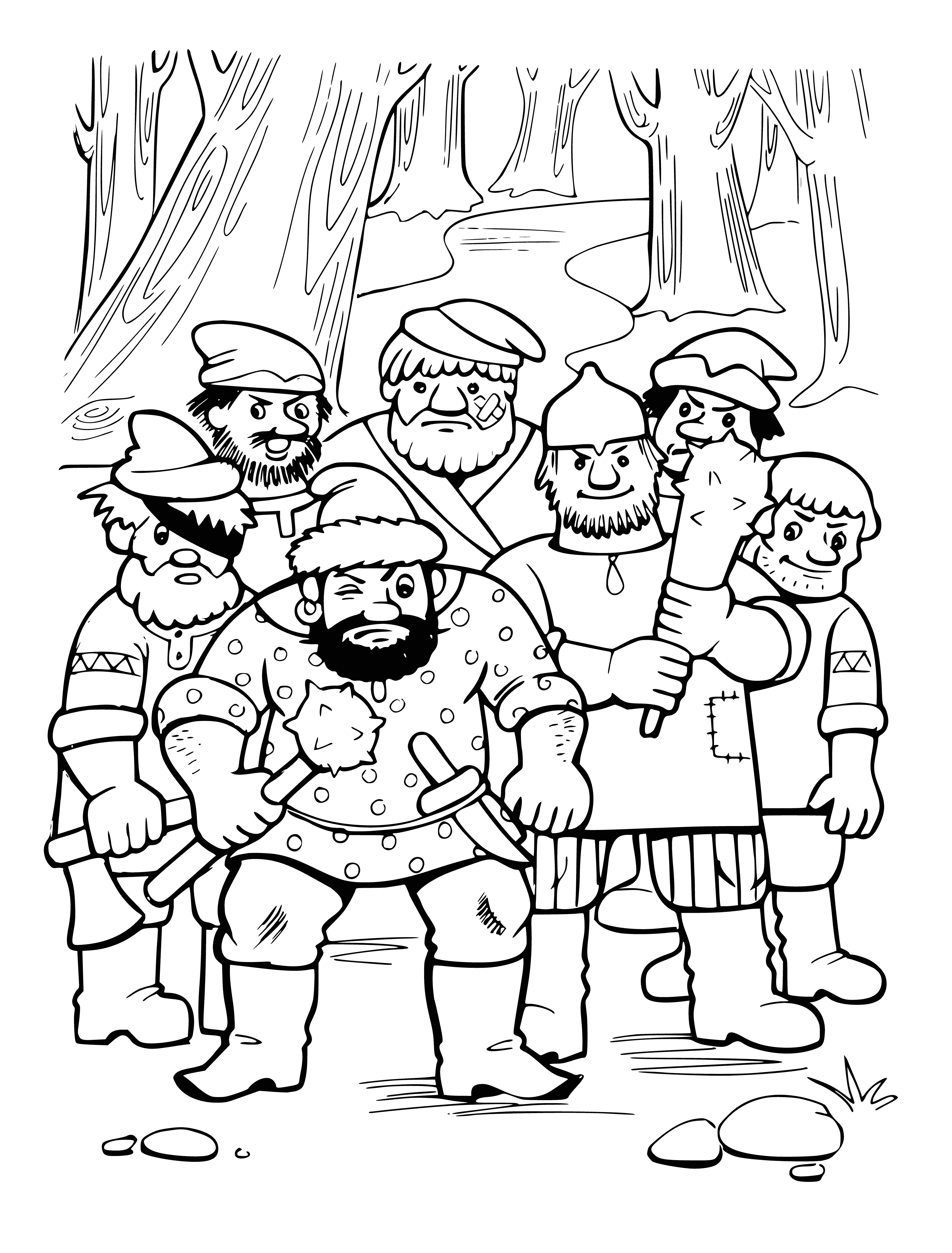 coloring page: Four robbers around a fire in a dark forest. Playing cards & drinking by a wagon of loot + horse tied to a tree.