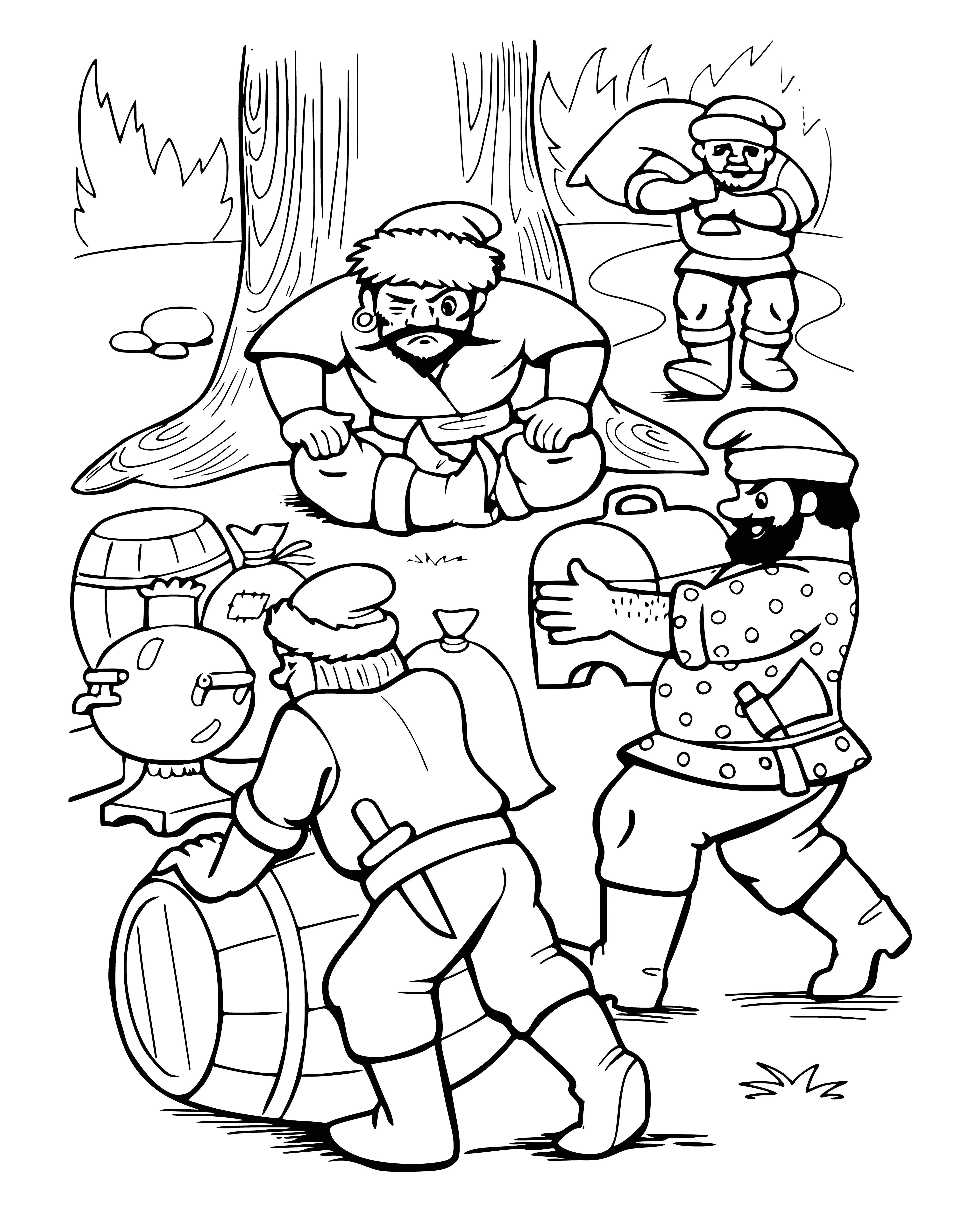 coloring page: 3 people in getaway, holding stolen goods. 2 looking away from camera, 1 looking directly at it.