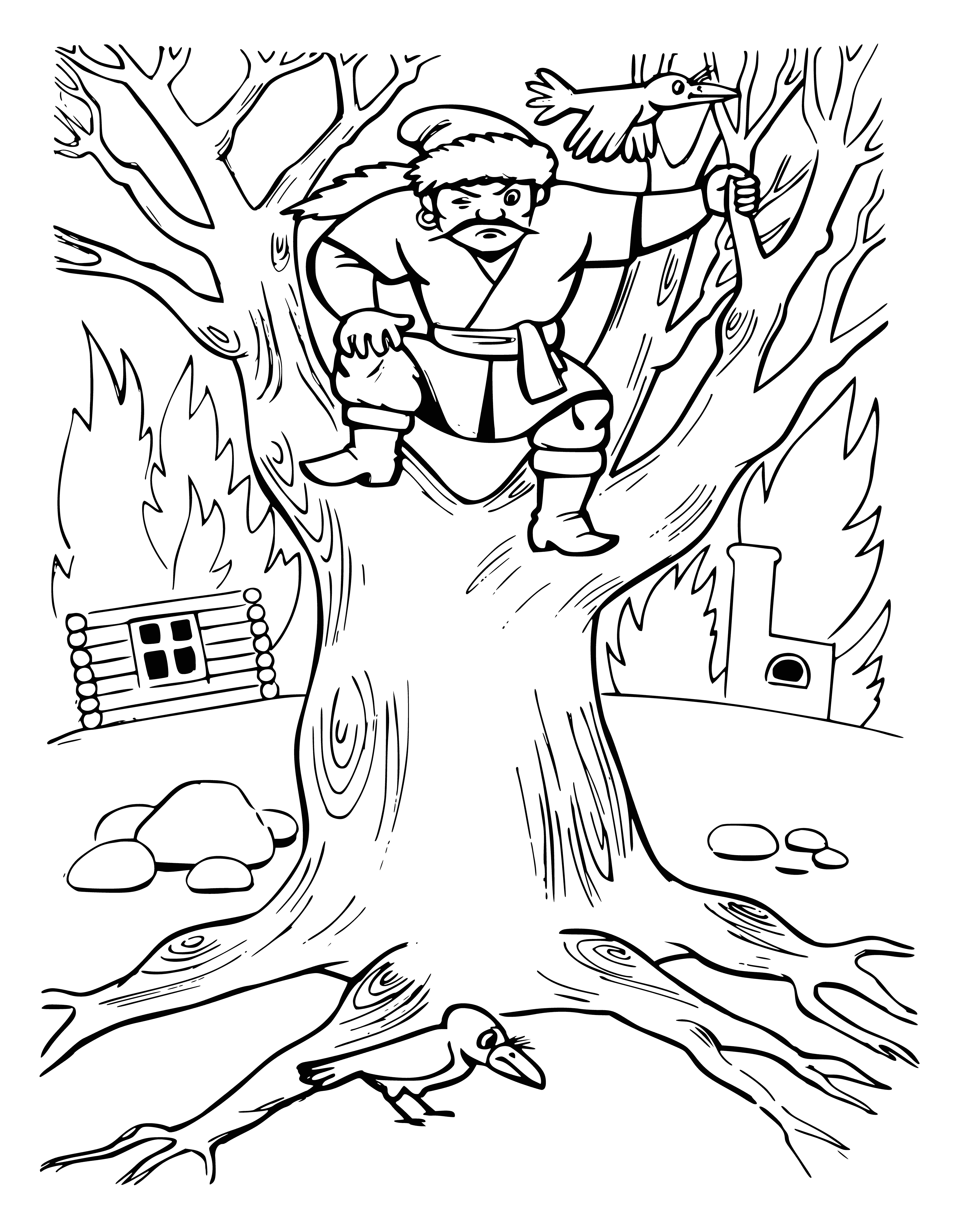coloring page: Group sits around campfire in woods. Story about nightingale stealing w/ black body/white chest & sack of money in beak sitting in tree. #campfirestories