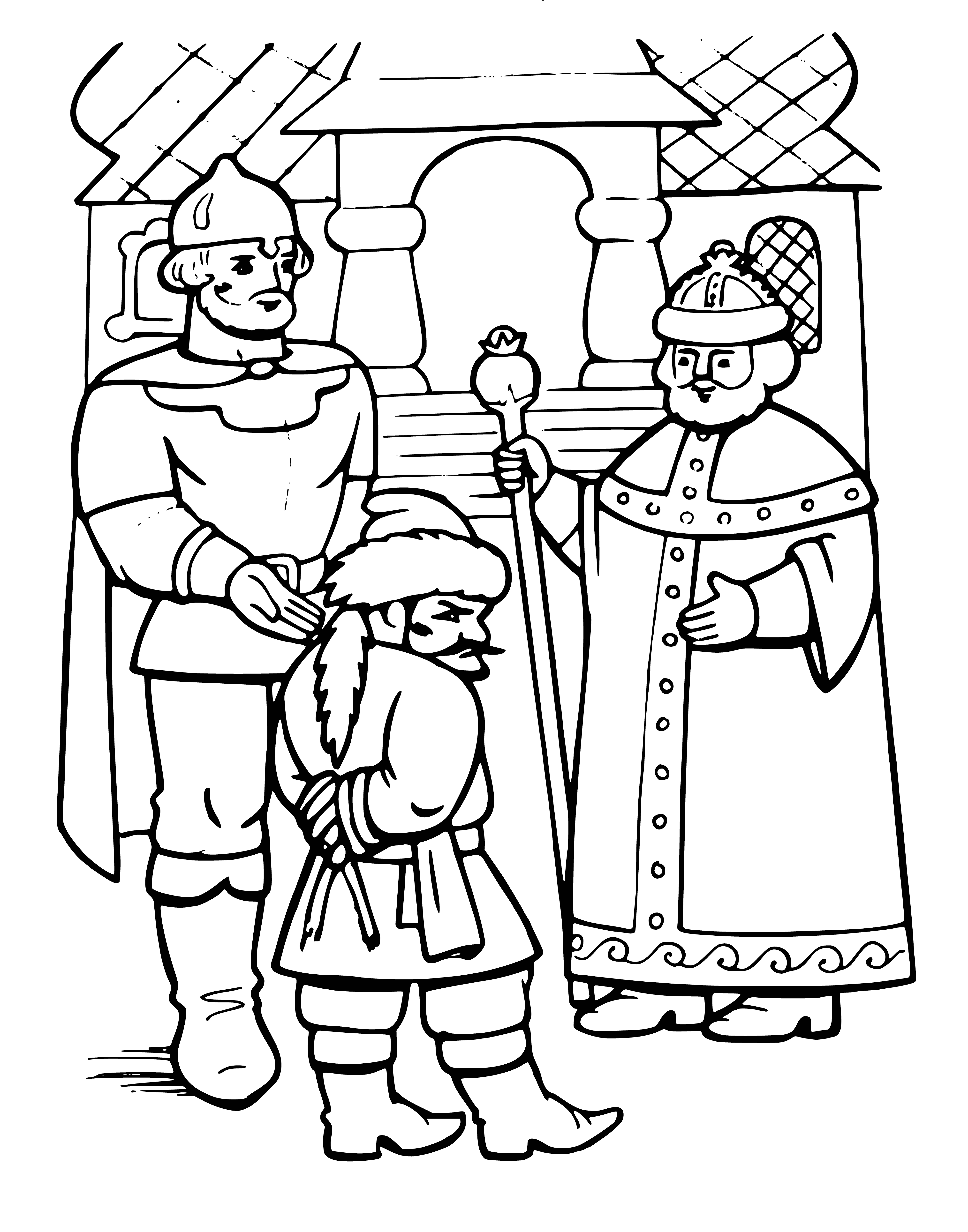 coloring page: Man brings nightingale to King, who is delighted. Man is pleased with himself for successful task.