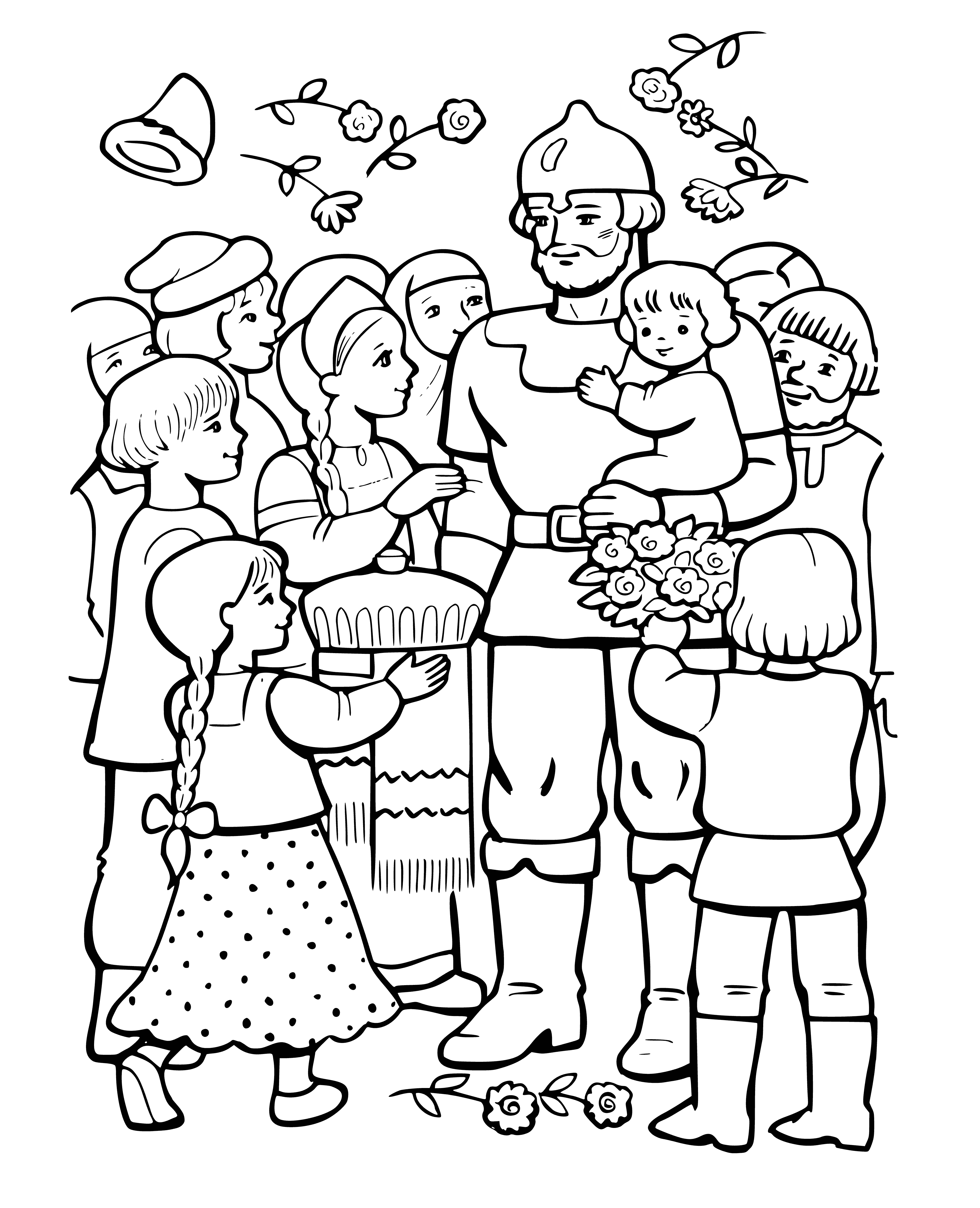 coloring page: Two children stand in snow, holding hands out to Ilya standing in doorway of a house, thanking him for something.