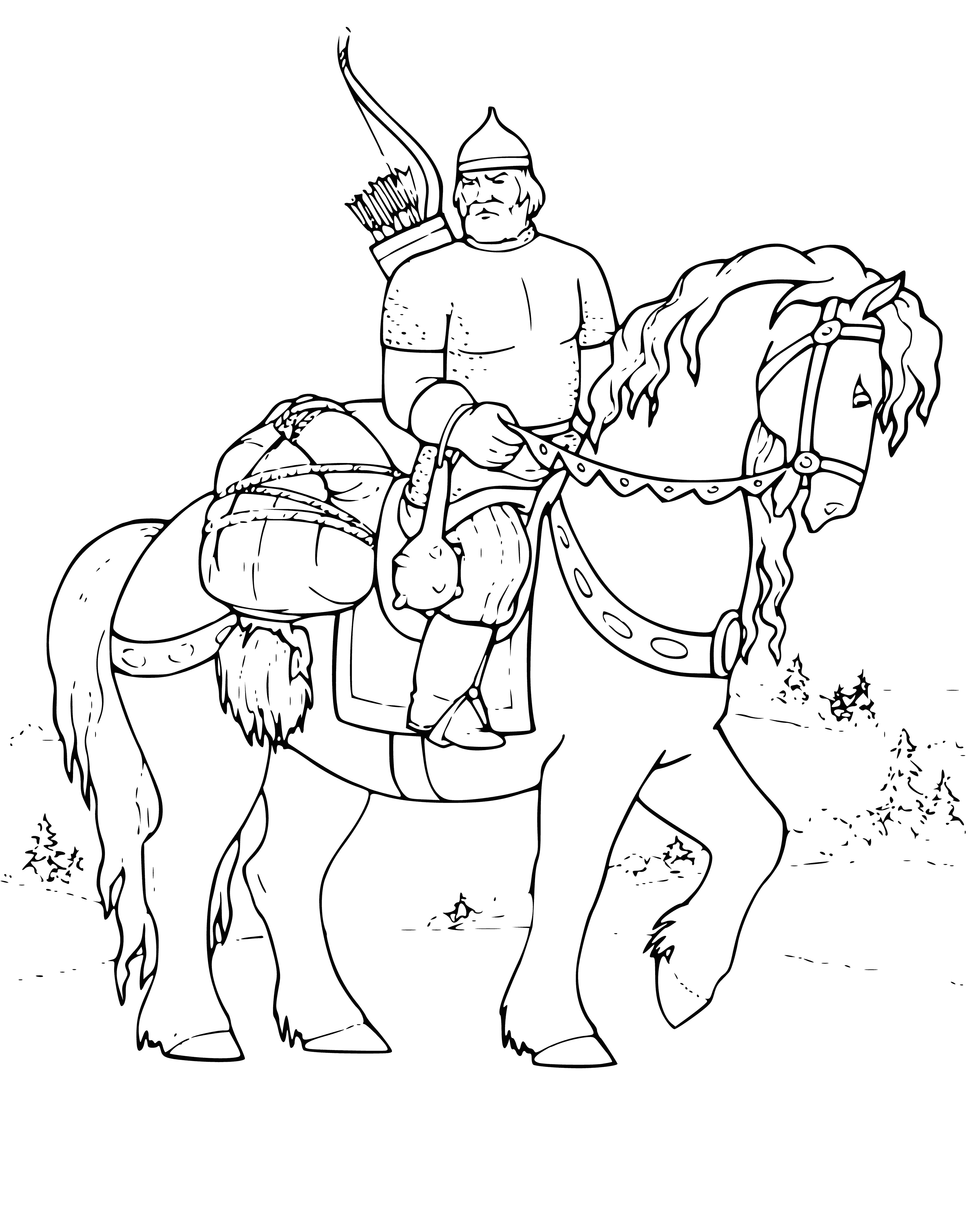 coloring page: Brave warrior Bogatyr in armor with sword, shield with cross, and a horse behind him is a traditional Russian hero in folk tales.
