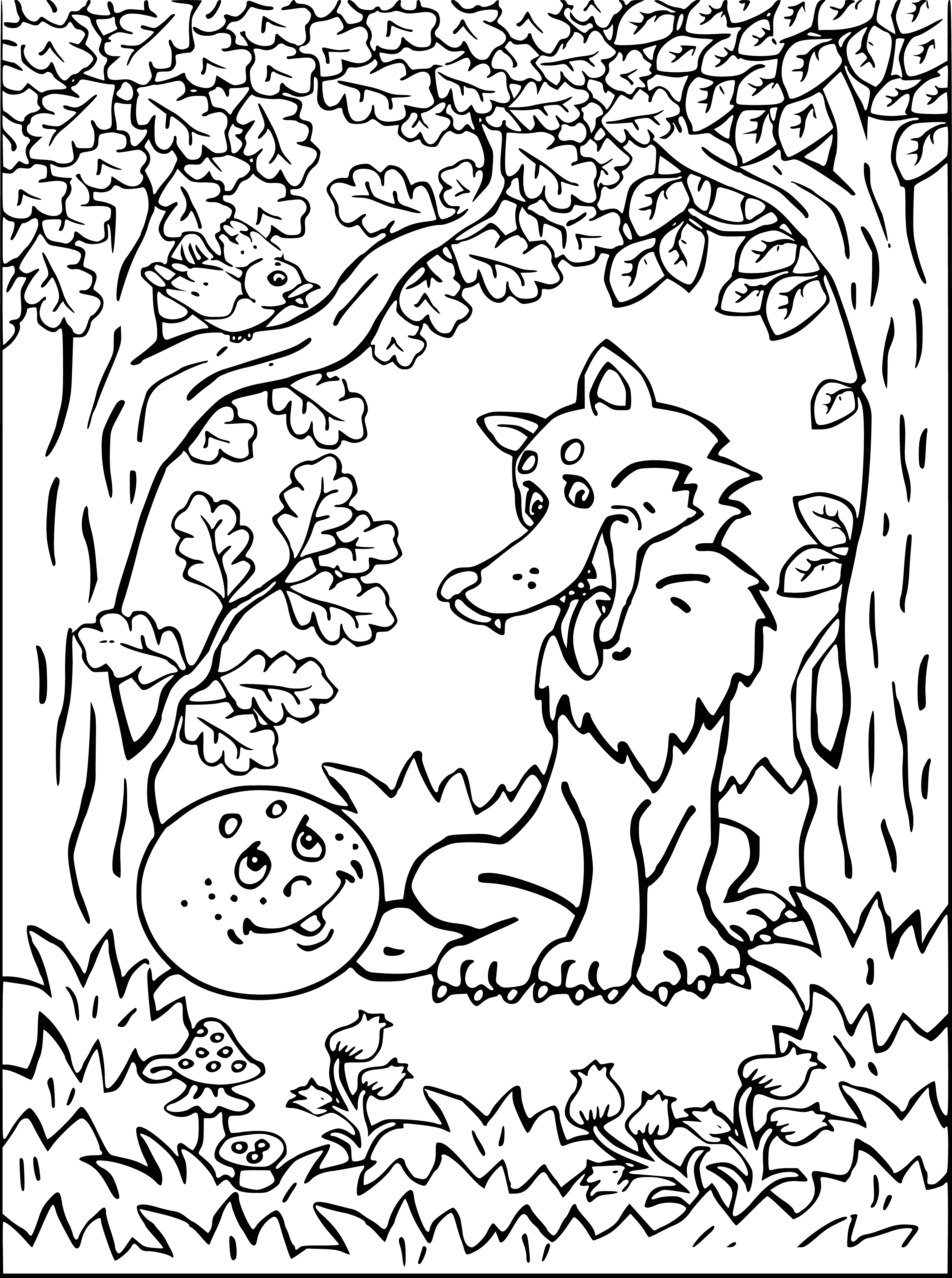 coloring page: A gingerbread man armed with a knife & spoon runs from a wolf, outsmarting it and escaping.