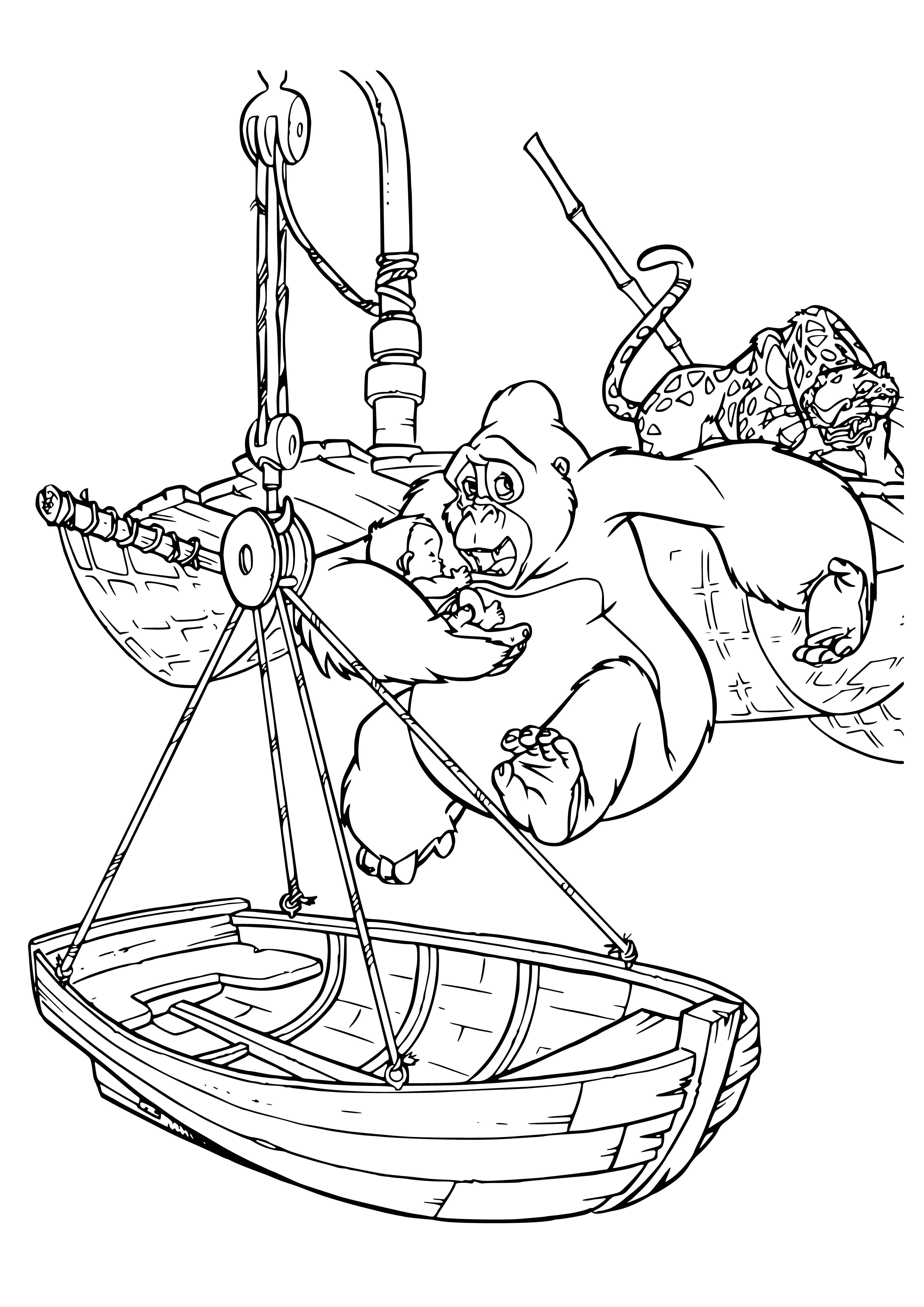 coloring page: A young man hangs from a vine above a river, while a woman reaches out from a tree branch to save him.