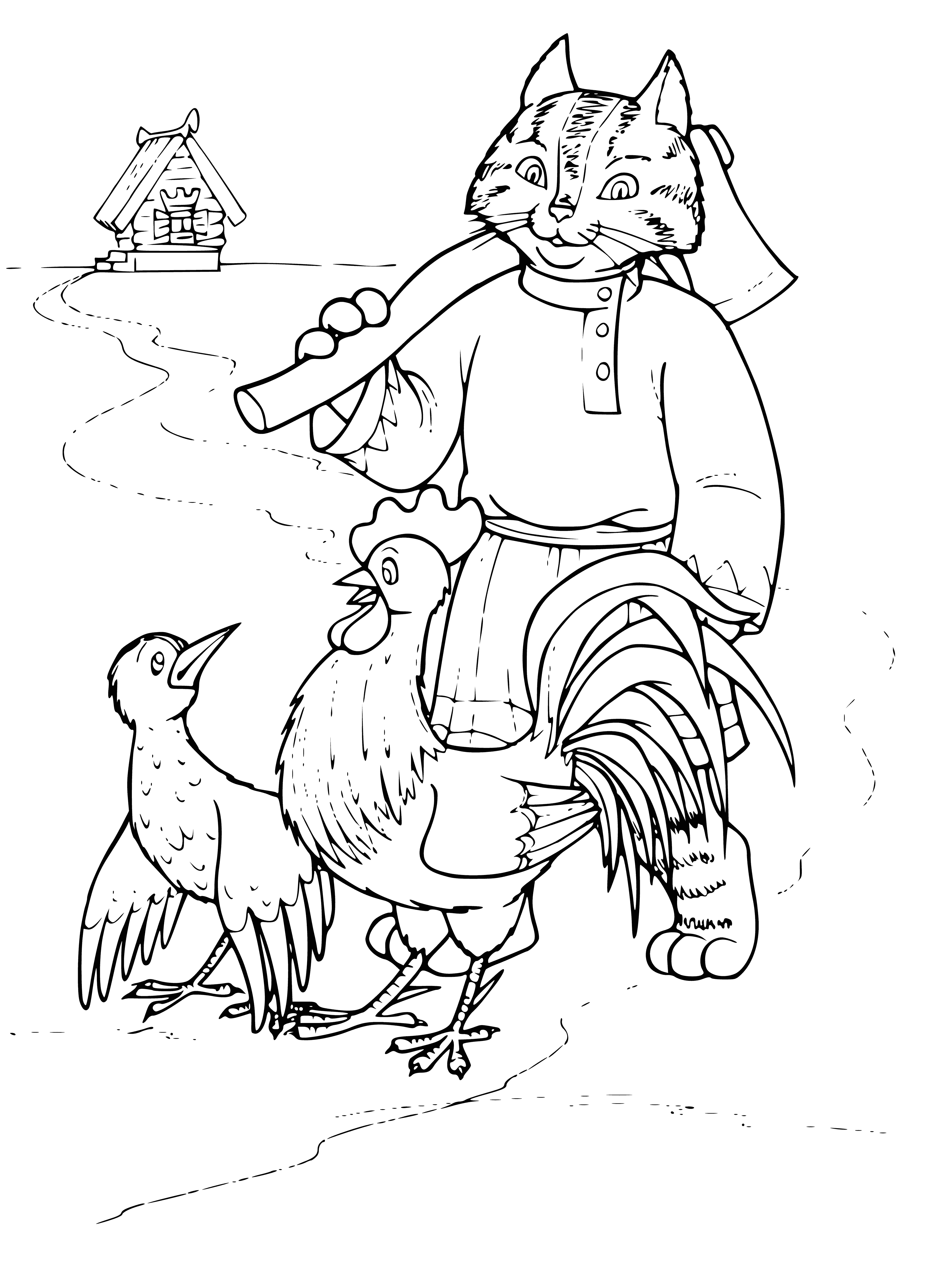 coloring page: A Cat, Thrush, and Rooster peacefully co-exist in a rural, Russian landscape, with rolling hills and trees.