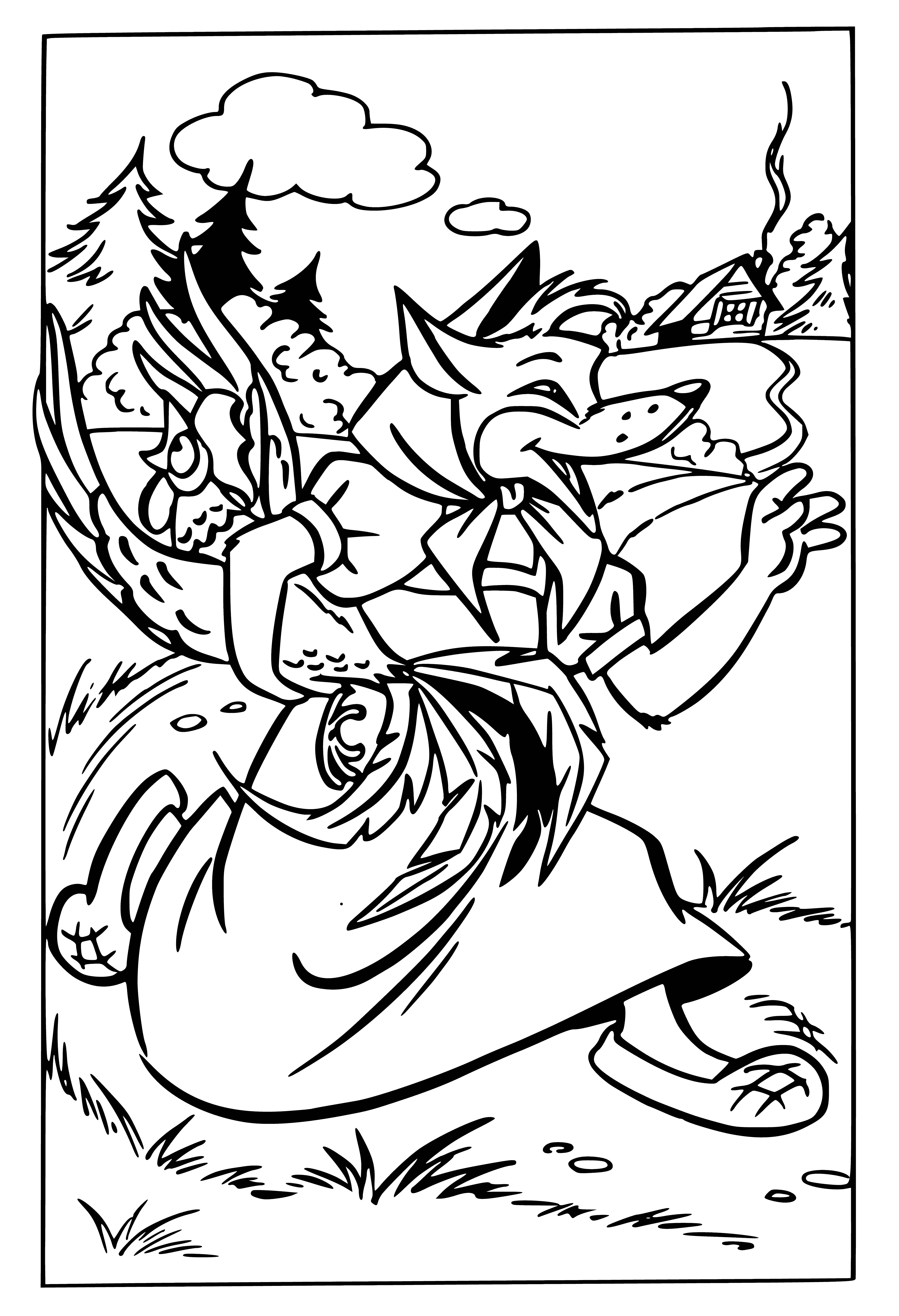 coloring page: Fox carrying cockerel walking away from a farmhouse w/ trees in background; perfect coloring page for kids! #coloringbook