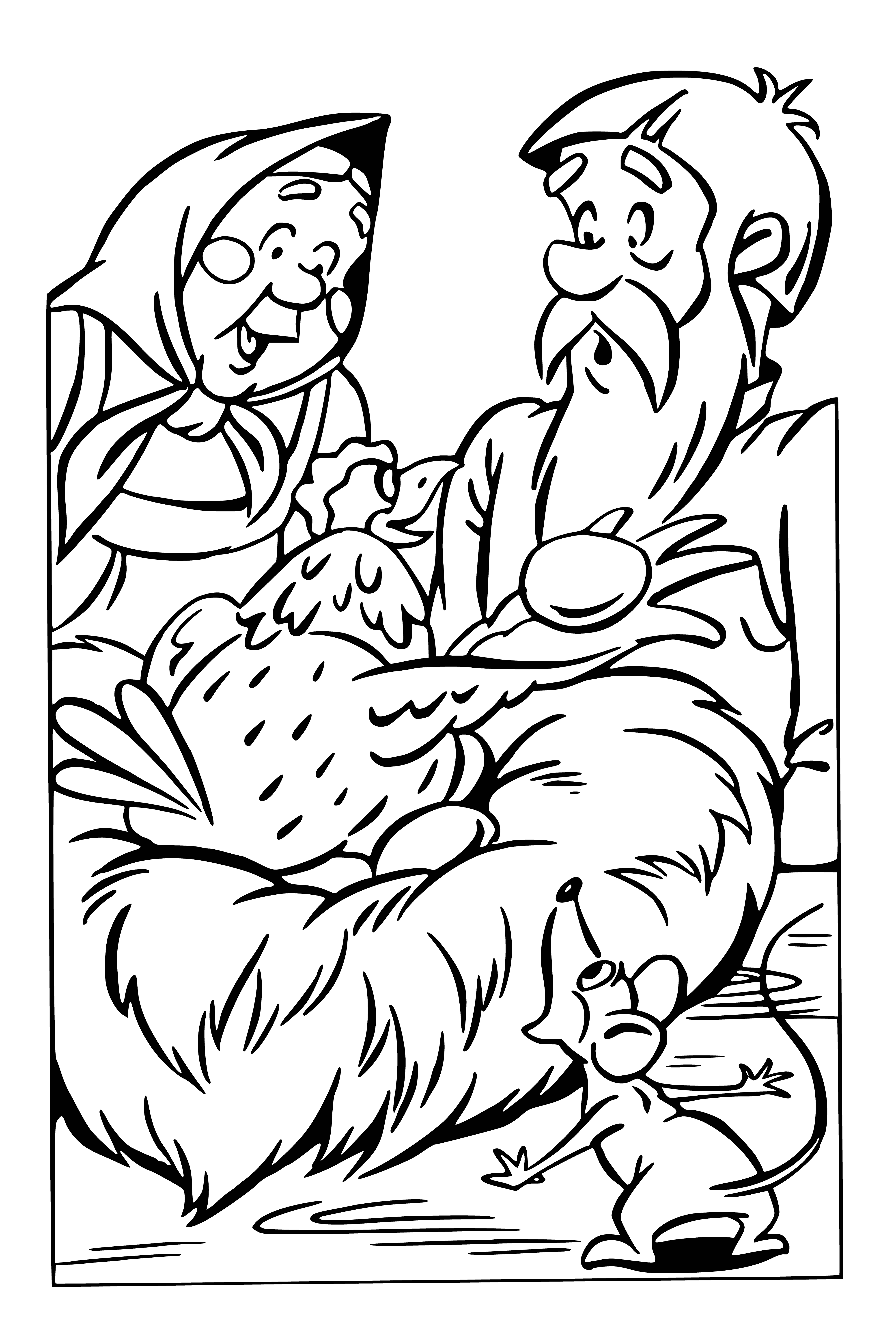coloring page: A man in traditional Russian clothing holds a golden ball and is peekinged at by a woman behind a door.