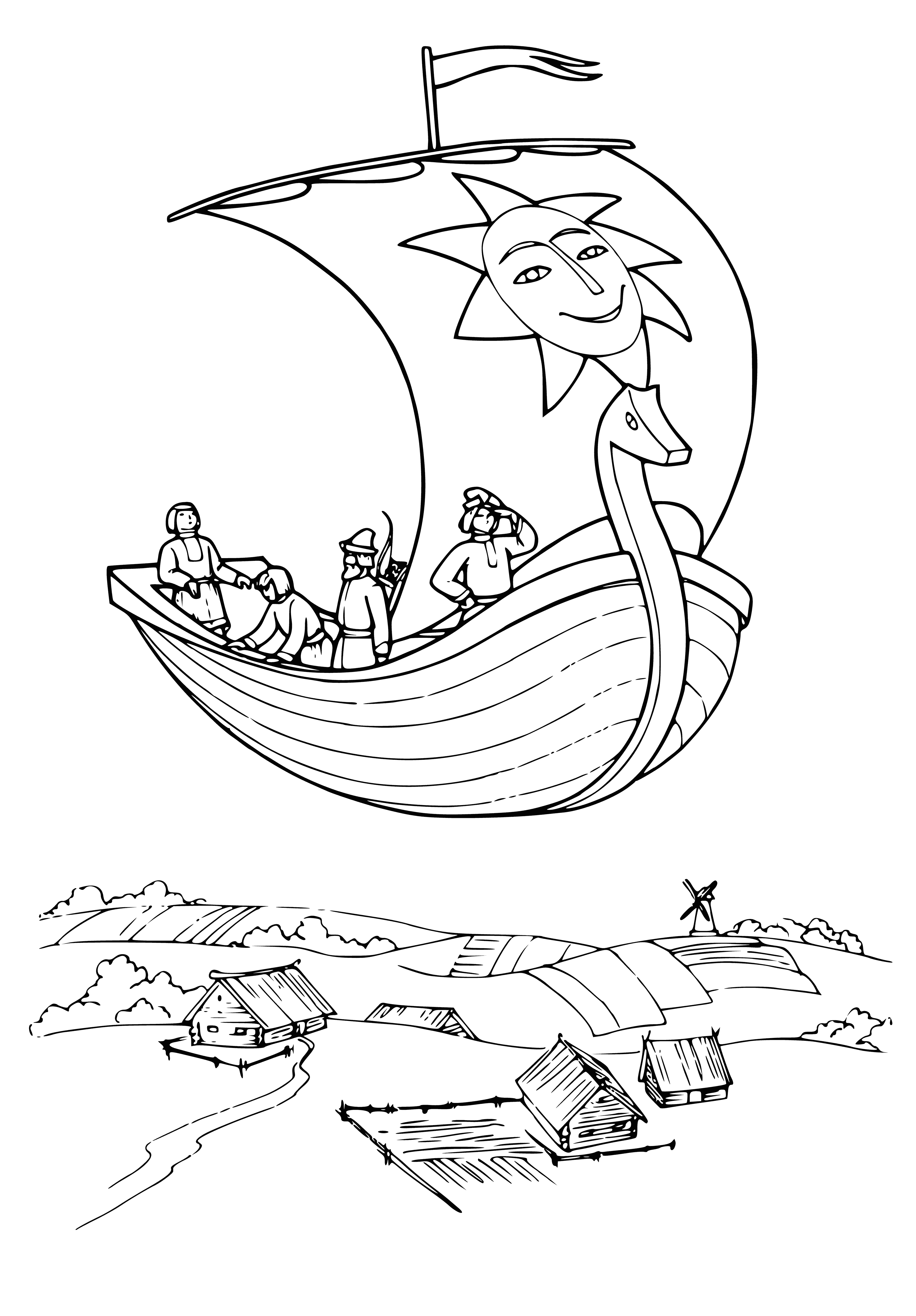 coloring page: Ship & crew captivated in Russian folk tale fly over village, exciting villagers. Soon to land.