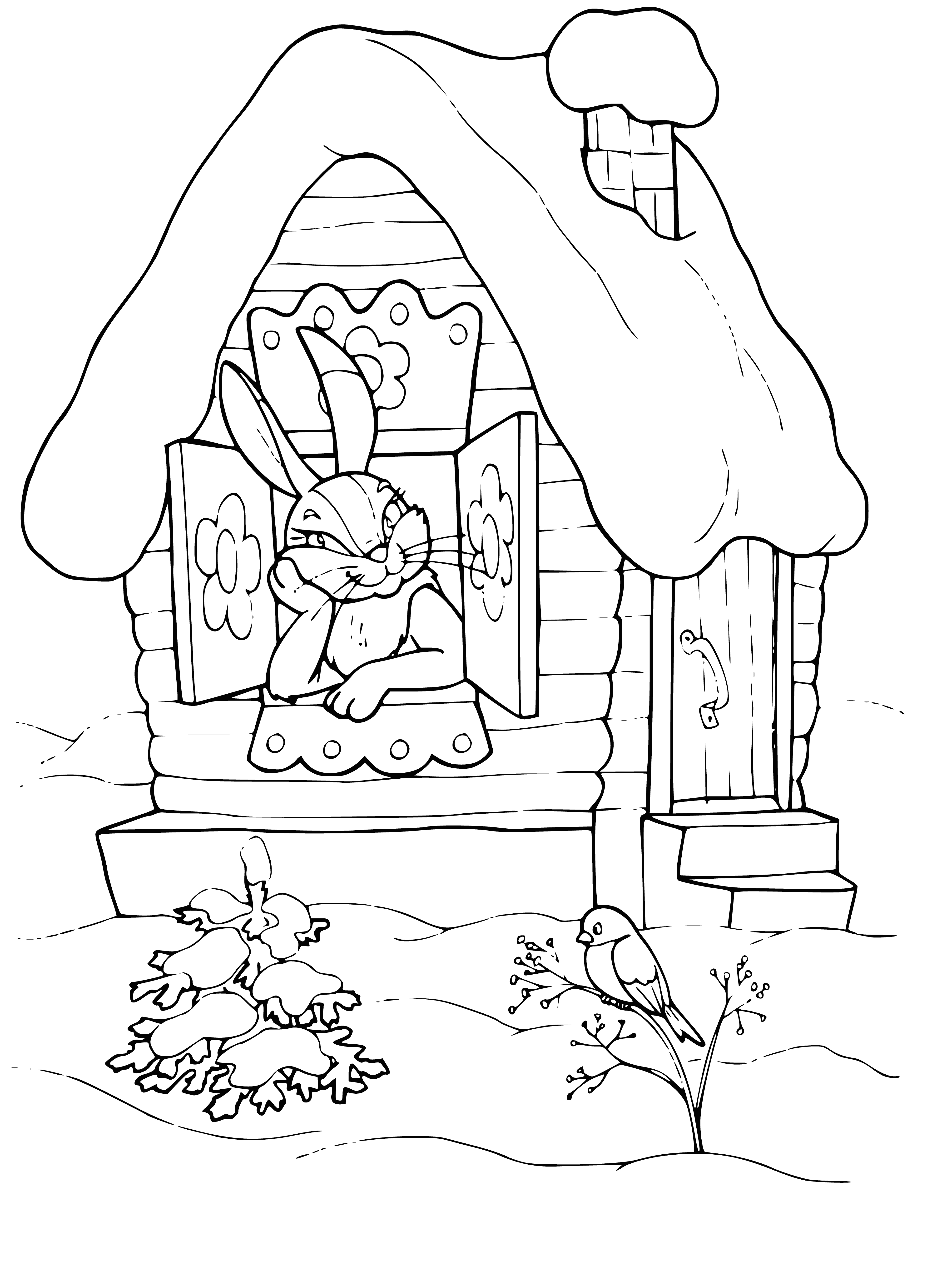coloring page: 3 people looking at a hut w/ door, windows, smoke from chimney.