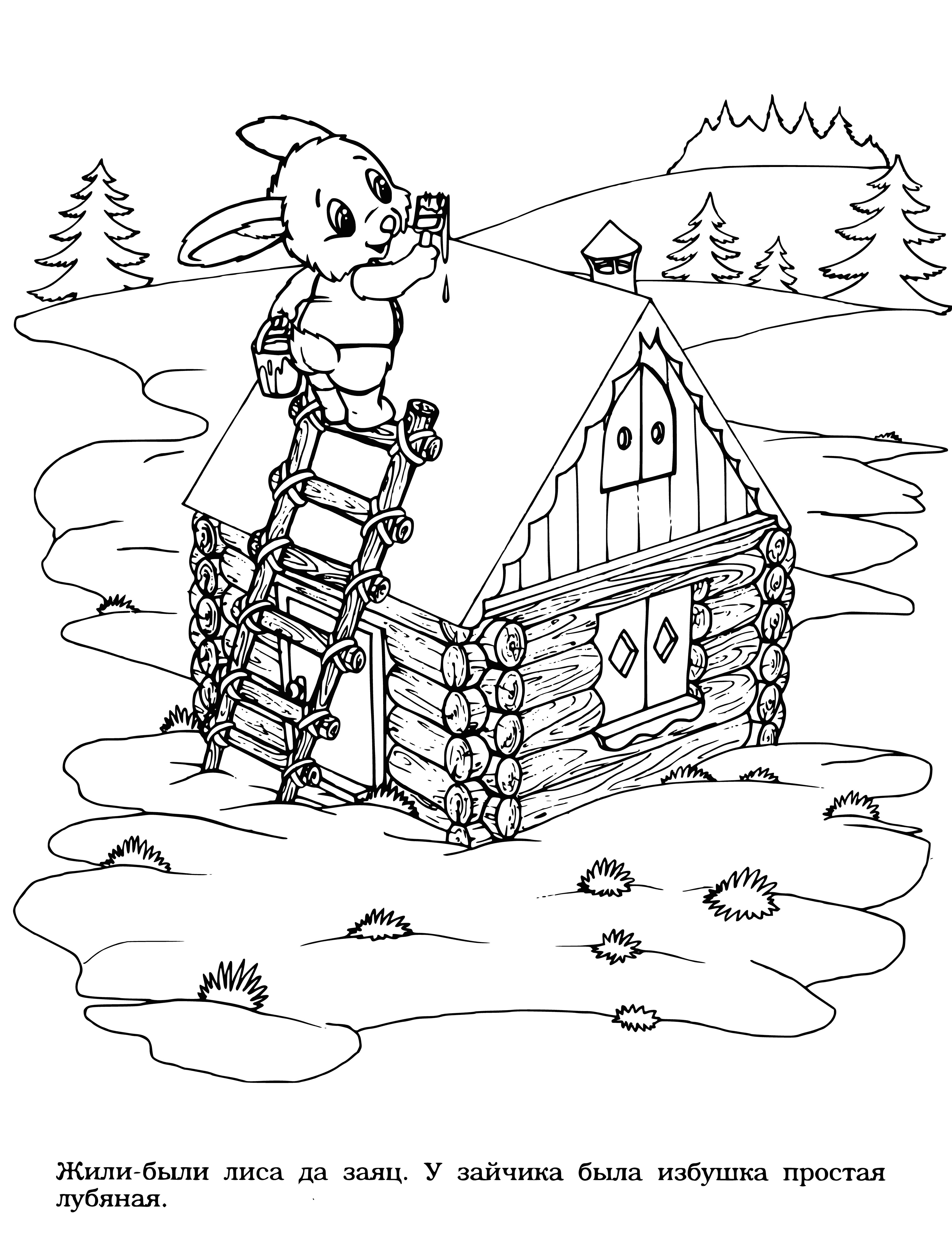 coloring page: Bunny builds structure from sticks on small hill in forest, two other bunnies present in coloring page. #coloringpage #bunny