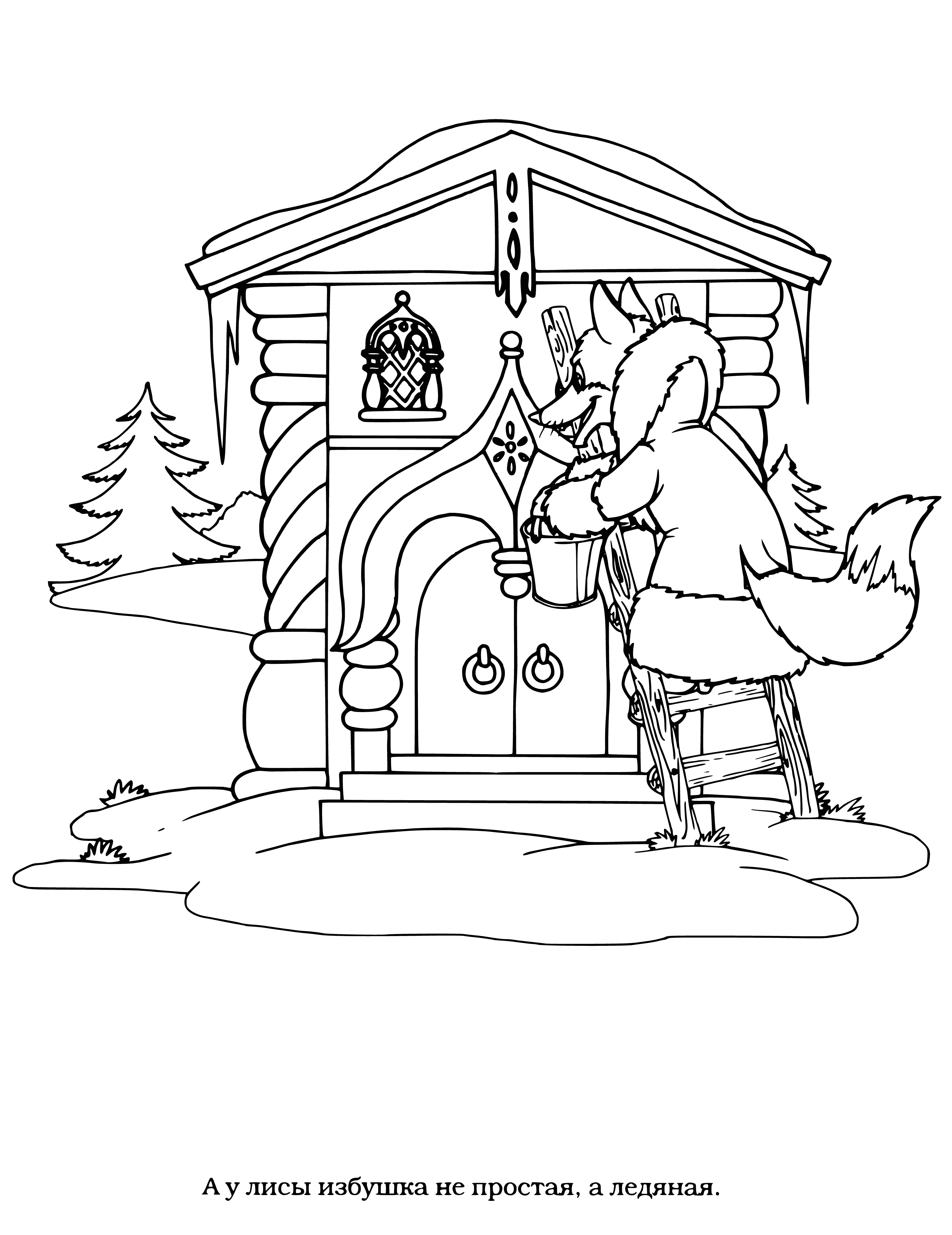 coloring page: Young man ice fishing, sitting in an ice hut with a line, lure and bucket in tow.
