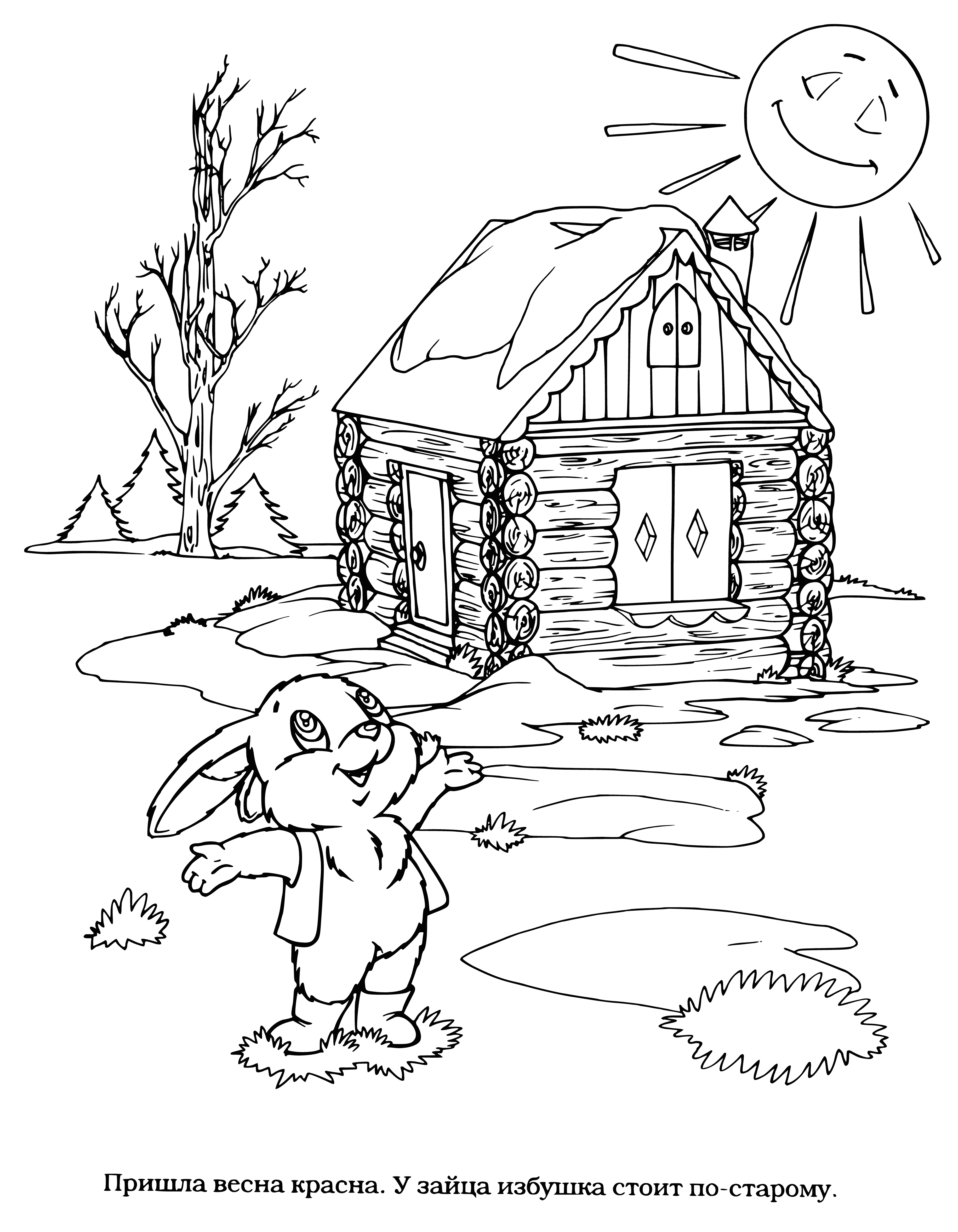 coloring page: A palace with a moat and a hut on chicken legs beside a pile of coins, with a Hare in front.