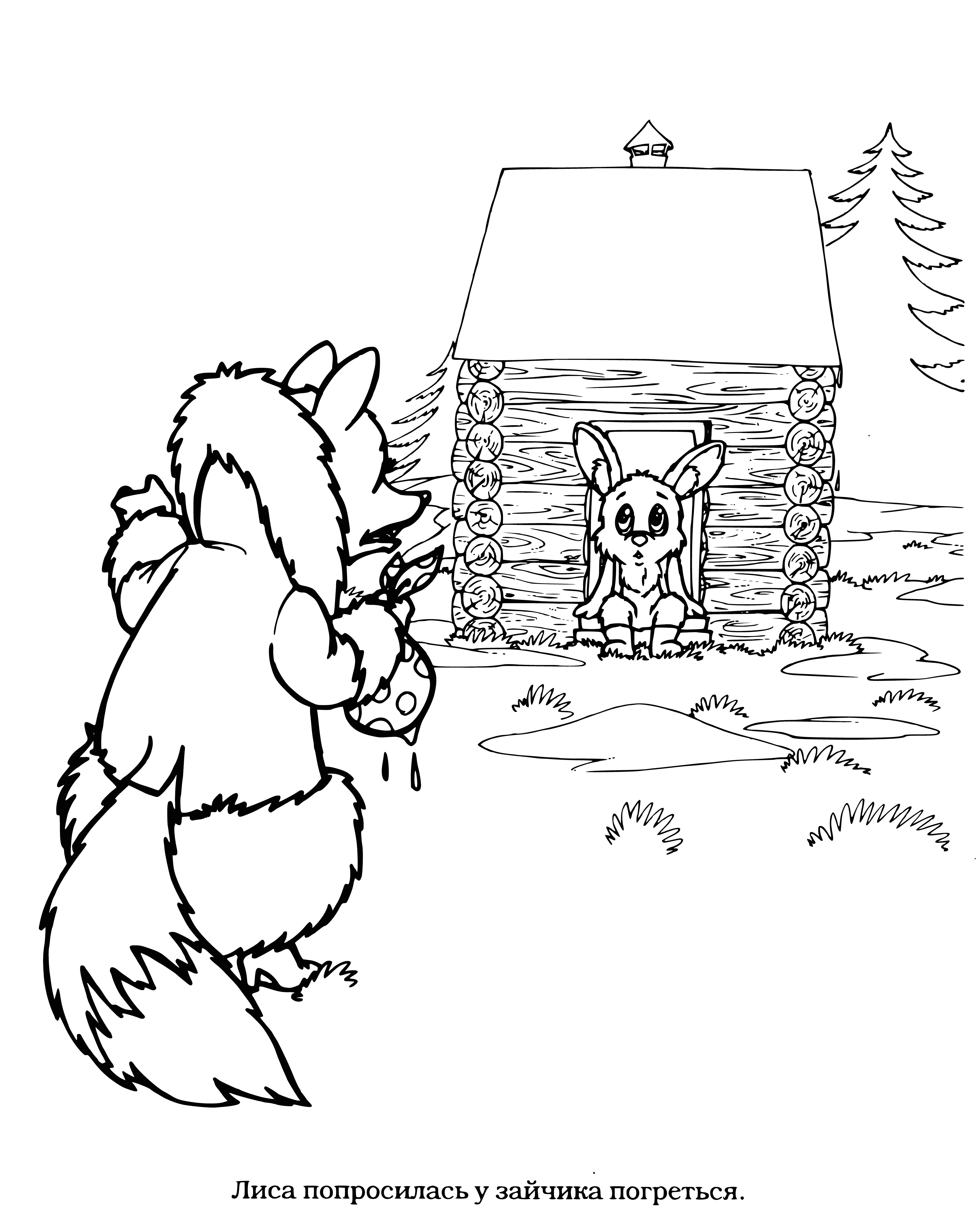 coloring page: Farmer allows fox to stay, eats his chickens, and leaves. Wife scolds farmer next morning.