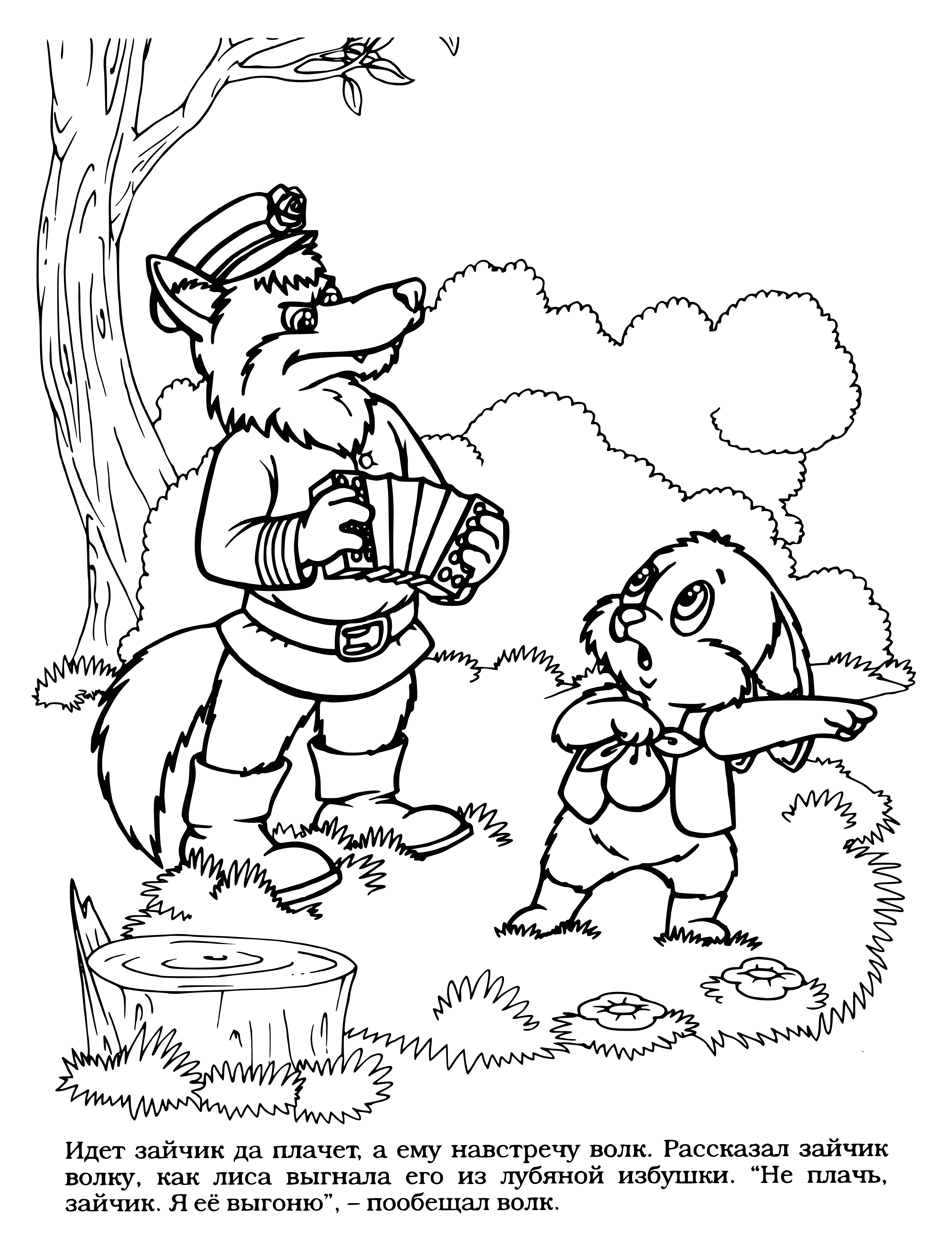 coloring page: Bunny walks away from Wolf in forest, Wolf walks towards Bunny.