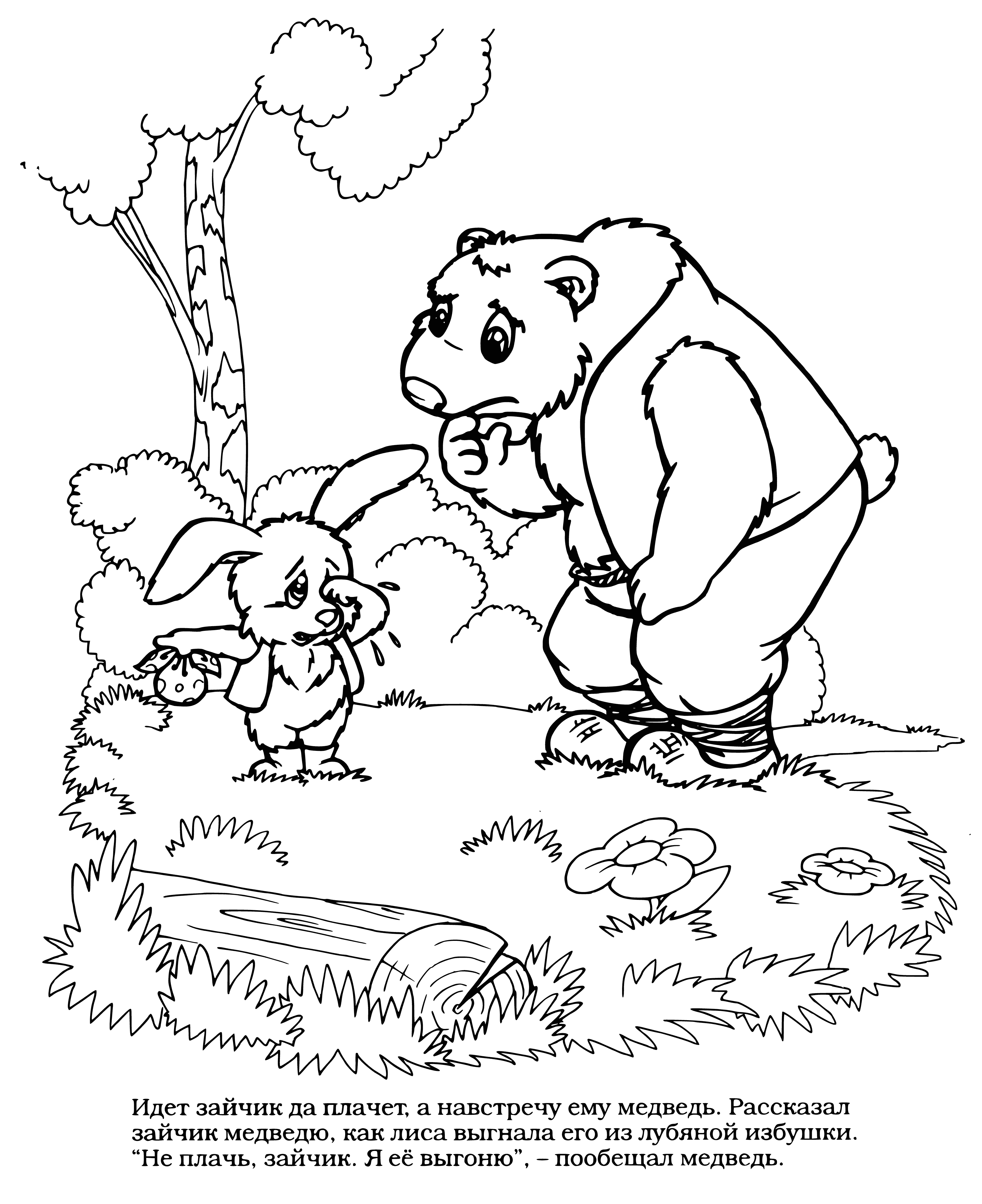 coloring page: Bunny is scared of huge bear & runs away.