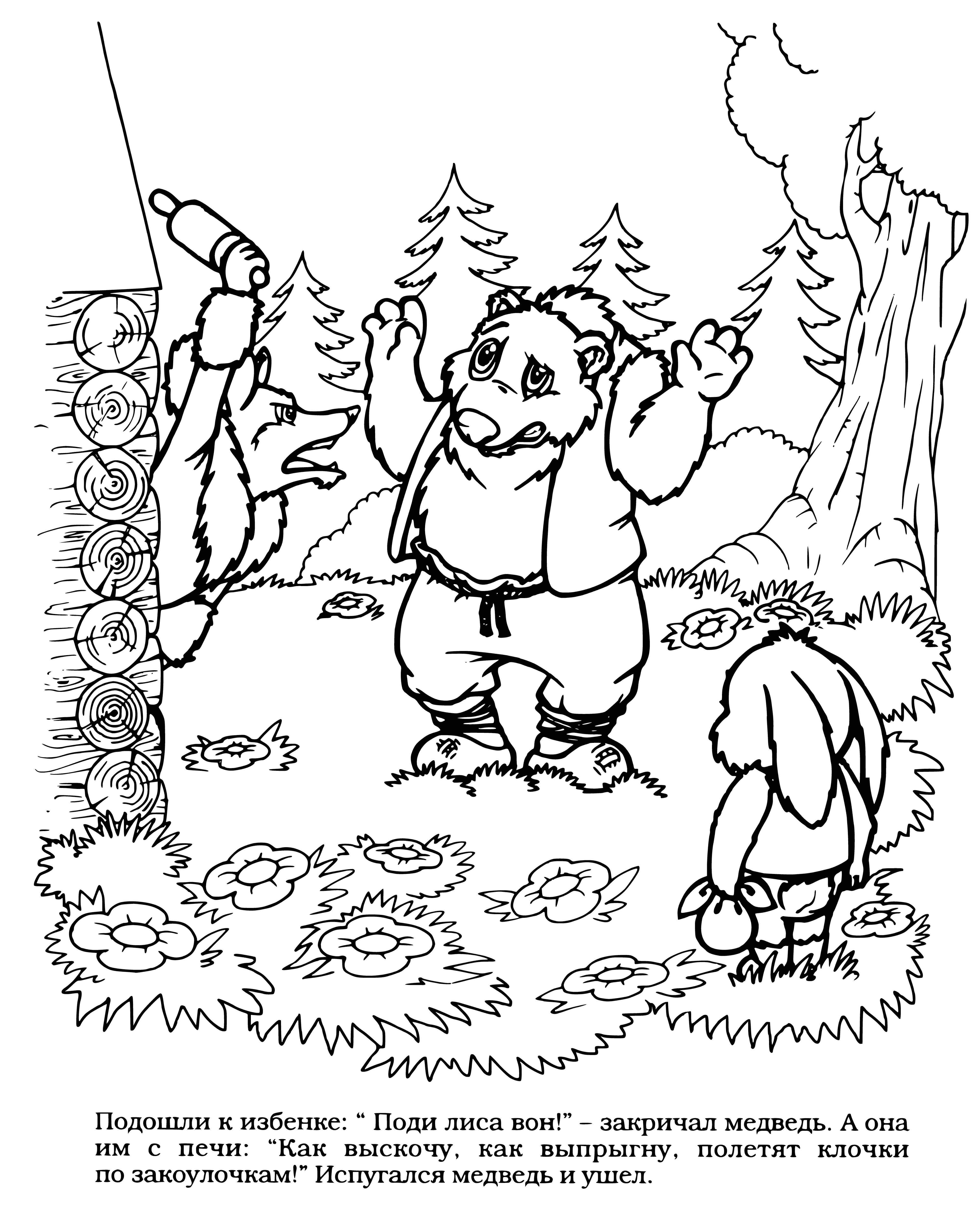 coloring page: Hunters armed with rifles pursue bear through forest. Bear too fast for hunters and runs for its life.