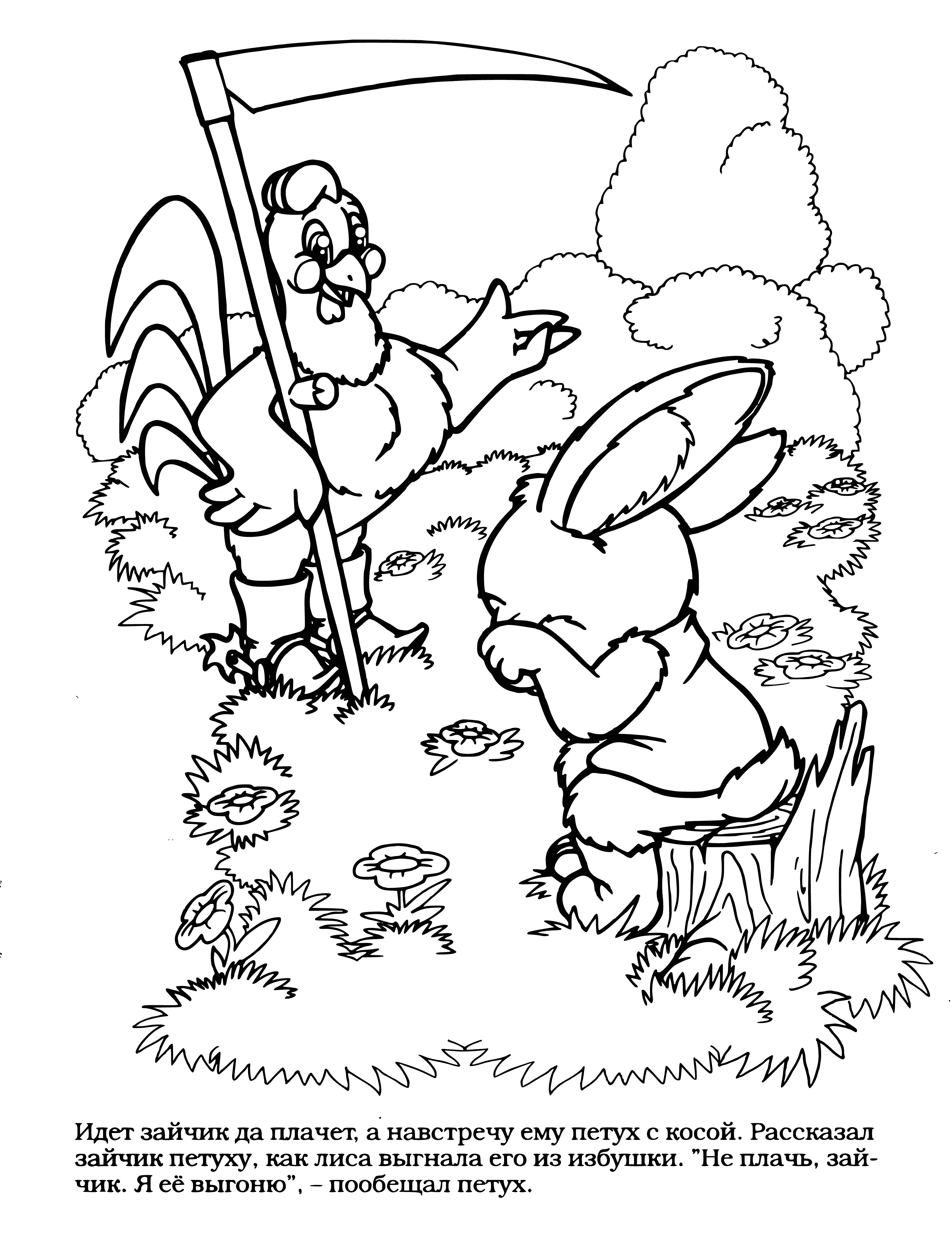 coloring page: Bunny and cockerel stare at each other, both standing on two legs; red-combed cockerel looking inquisitively at Bunny.