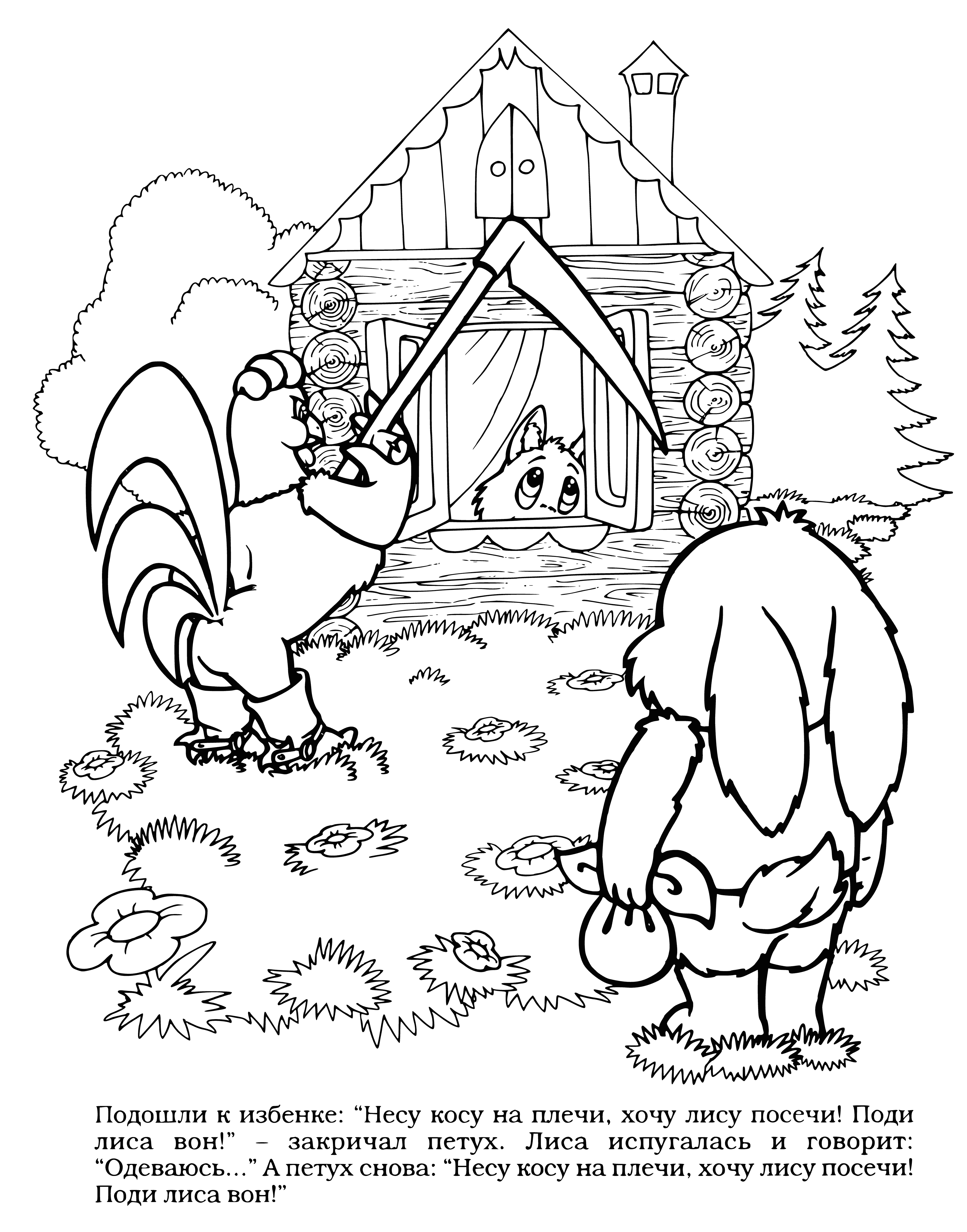 coloring page: Fox runs from cock, cock follows--fox tries to escape, cock keeps chasing.